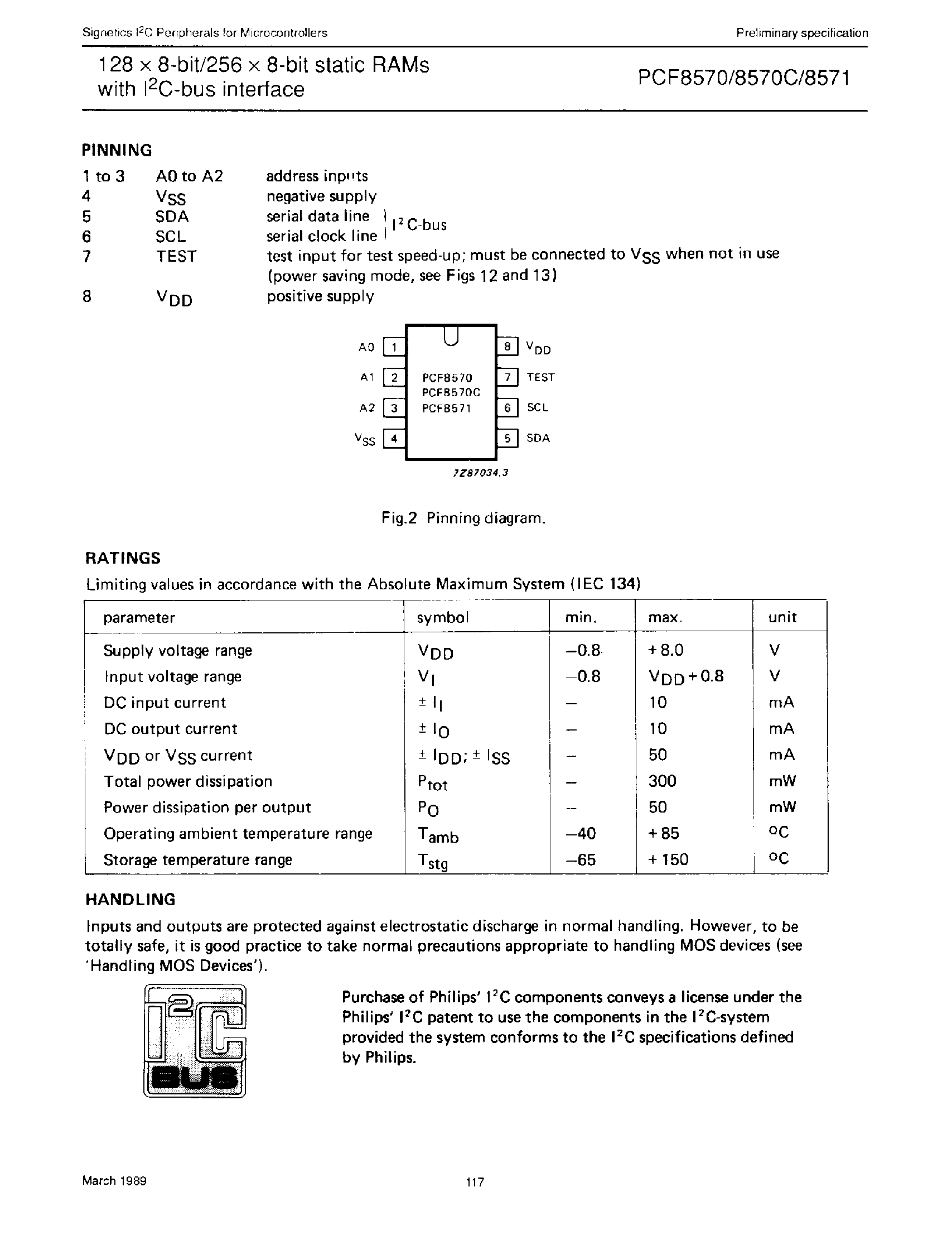 Datasheet PCF8571 - 128 x 8 Bit / 256 x 8 Bit Static Ram with IC Bus Interface page 2