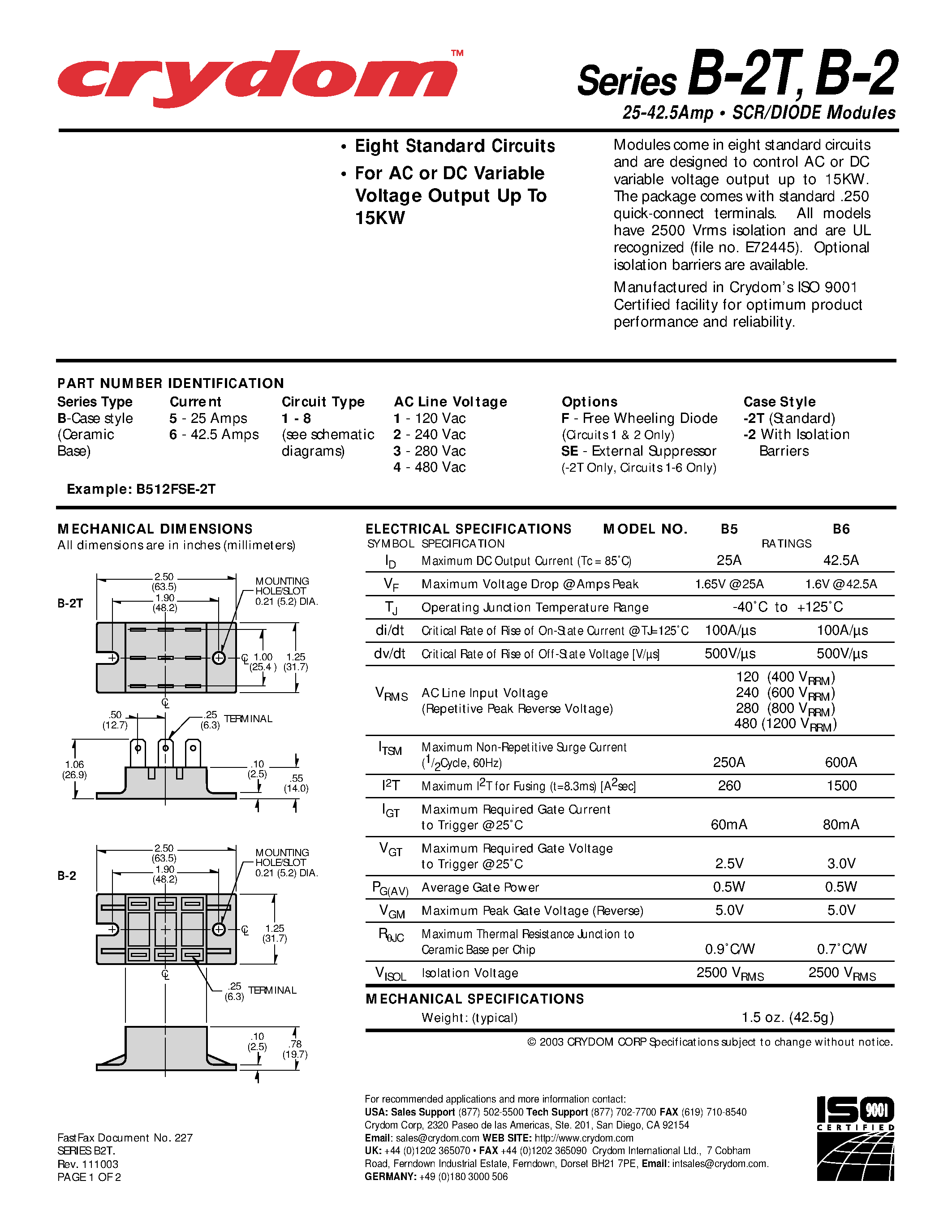 Datasheet B511-2T page 1 Datasheet B511-2T - SCR Diode Modules page 1
