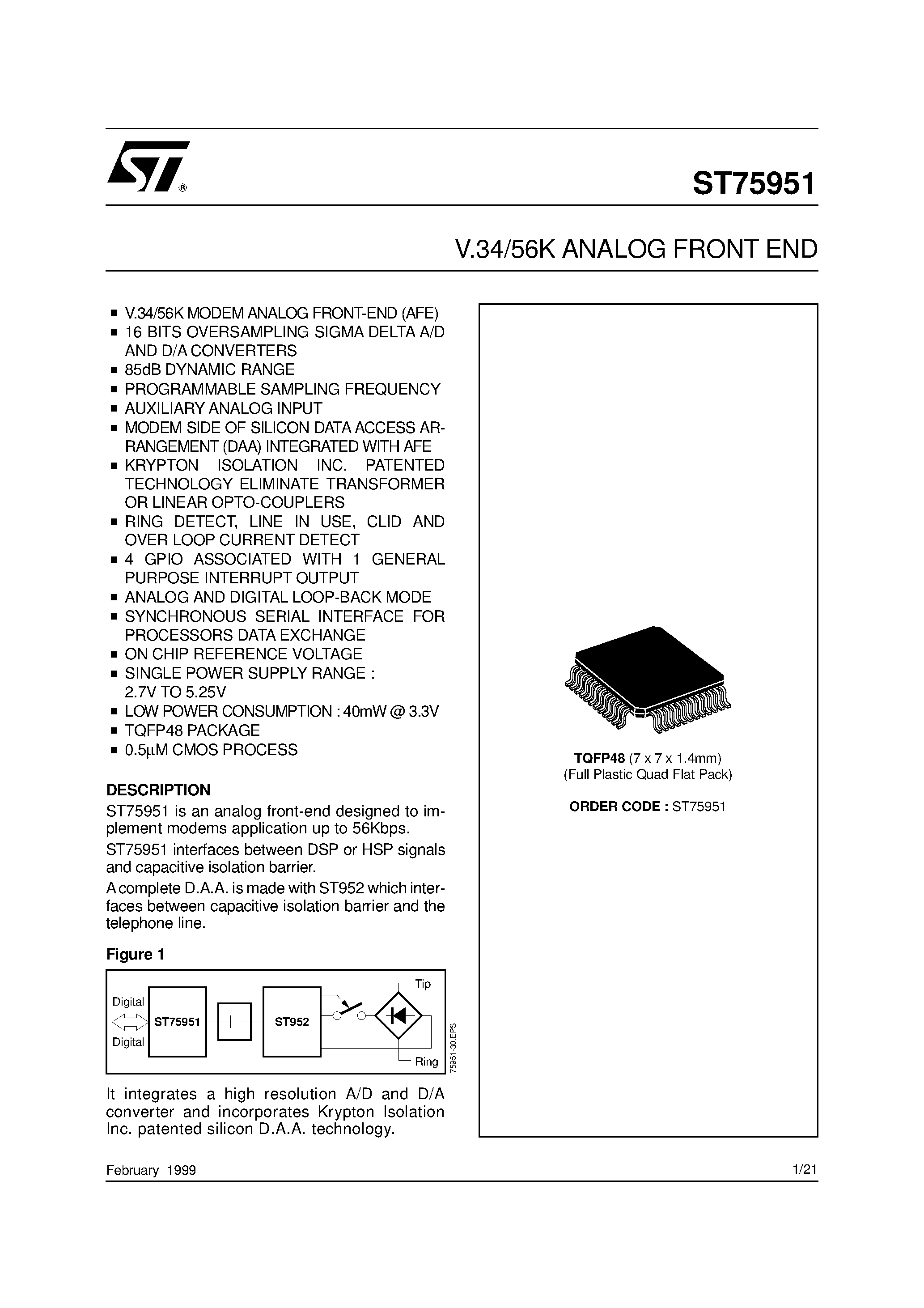 Datasheet ST75951 page 1 Datasheet ST75951 - V.34/56K ANALOG FRONT END page 1