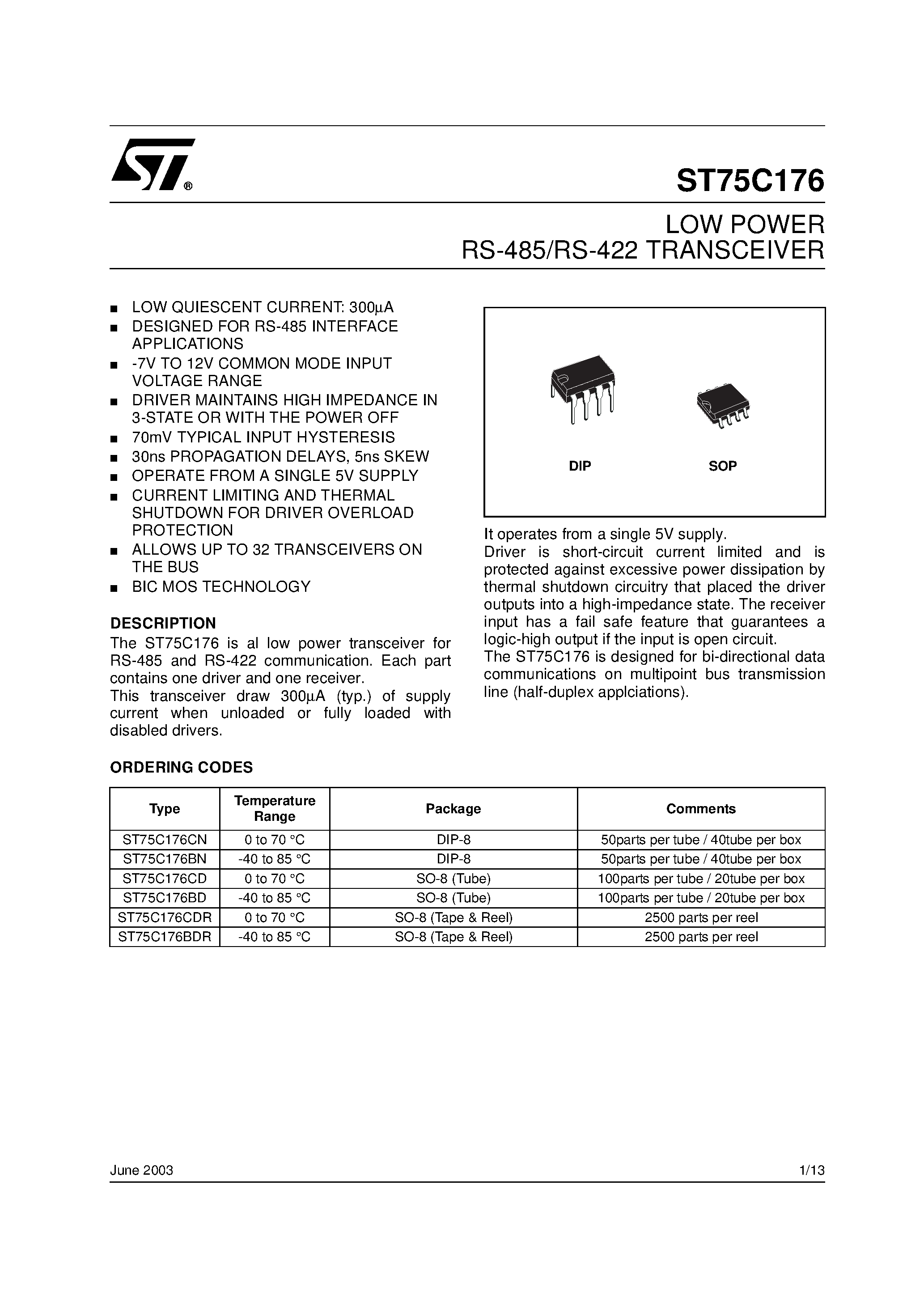 Datasheet ST75C176 page 1 Datasheet ST75C176 - LOW POWER RS-485/RS-422 TRANSCEIVER page 1
