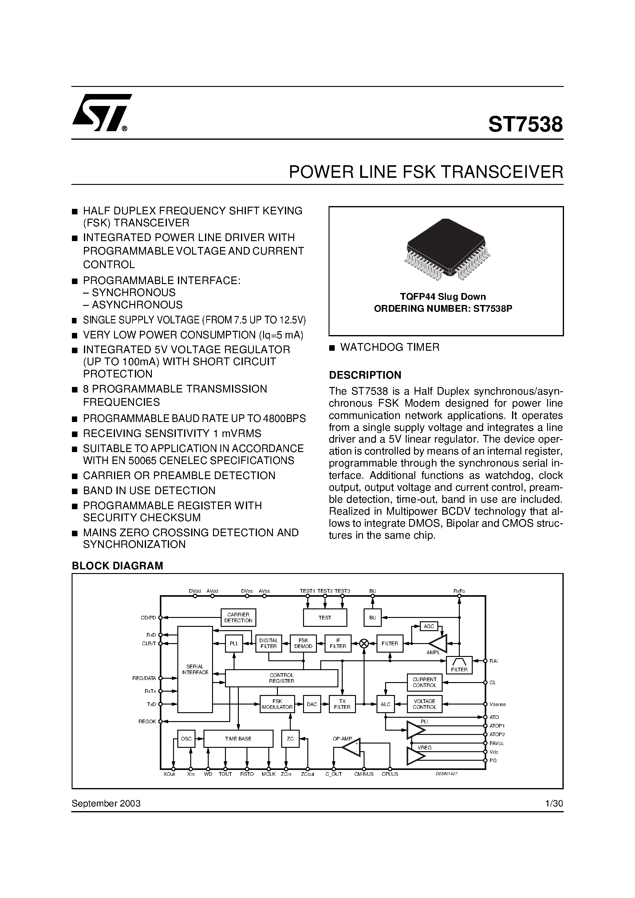 Datasheet ST7538 - POWER LINE FSK TRANSCEIVER page 1