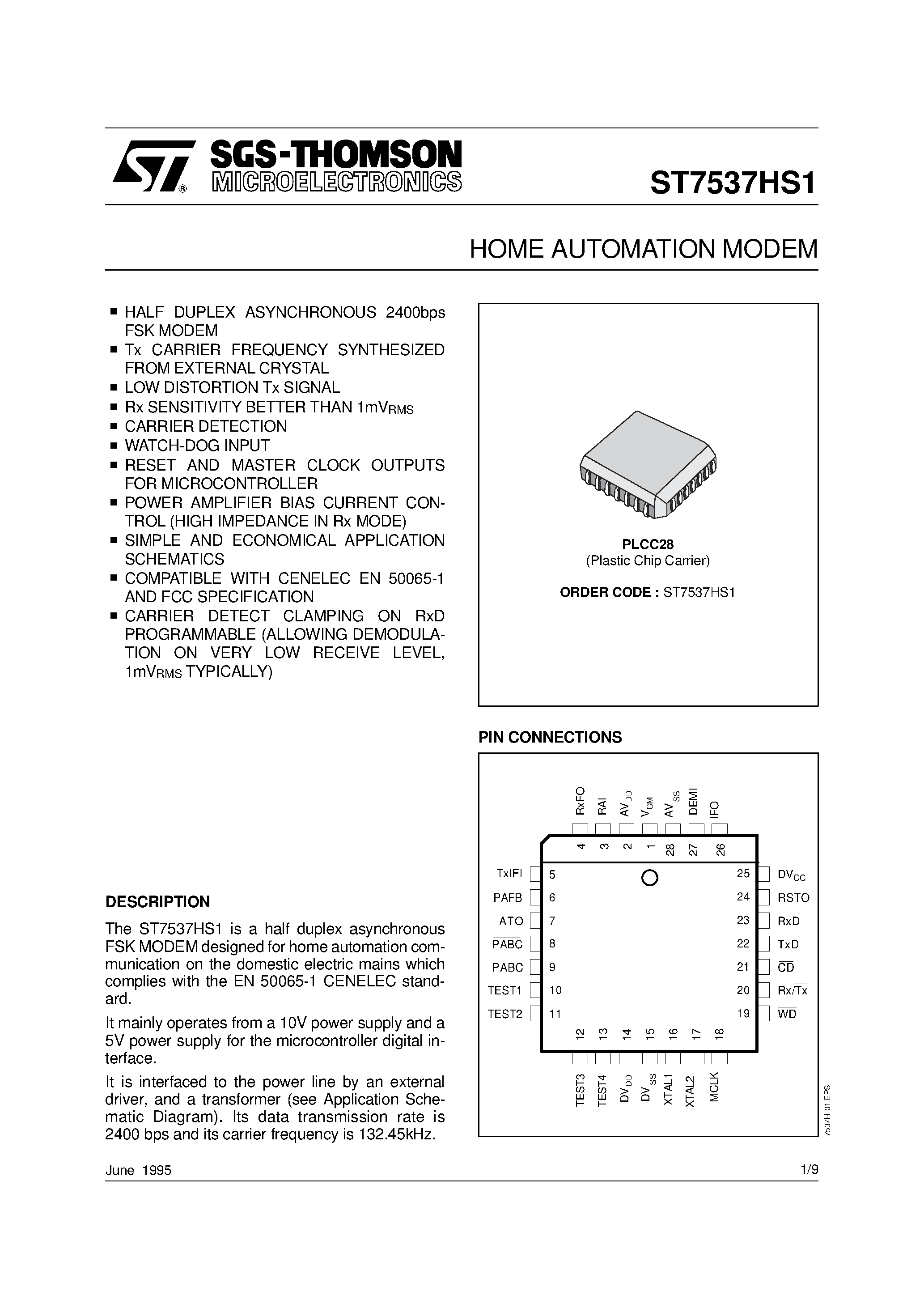 Даташит на микросхему ST7537HS1 страница 1 Даташит ST7537HS1 - HOME AUTOMATION MODEM страница 1