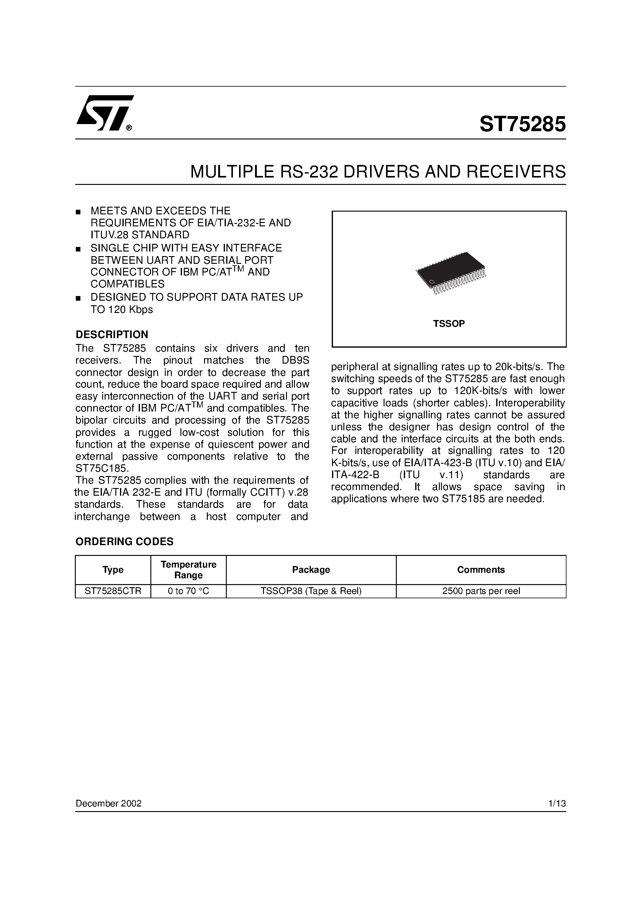 Datasheet ST75285 page 1 Datasheet ST75285 - MULTIPLE RS-232 DRIVERS AND RECEIVERS page 1