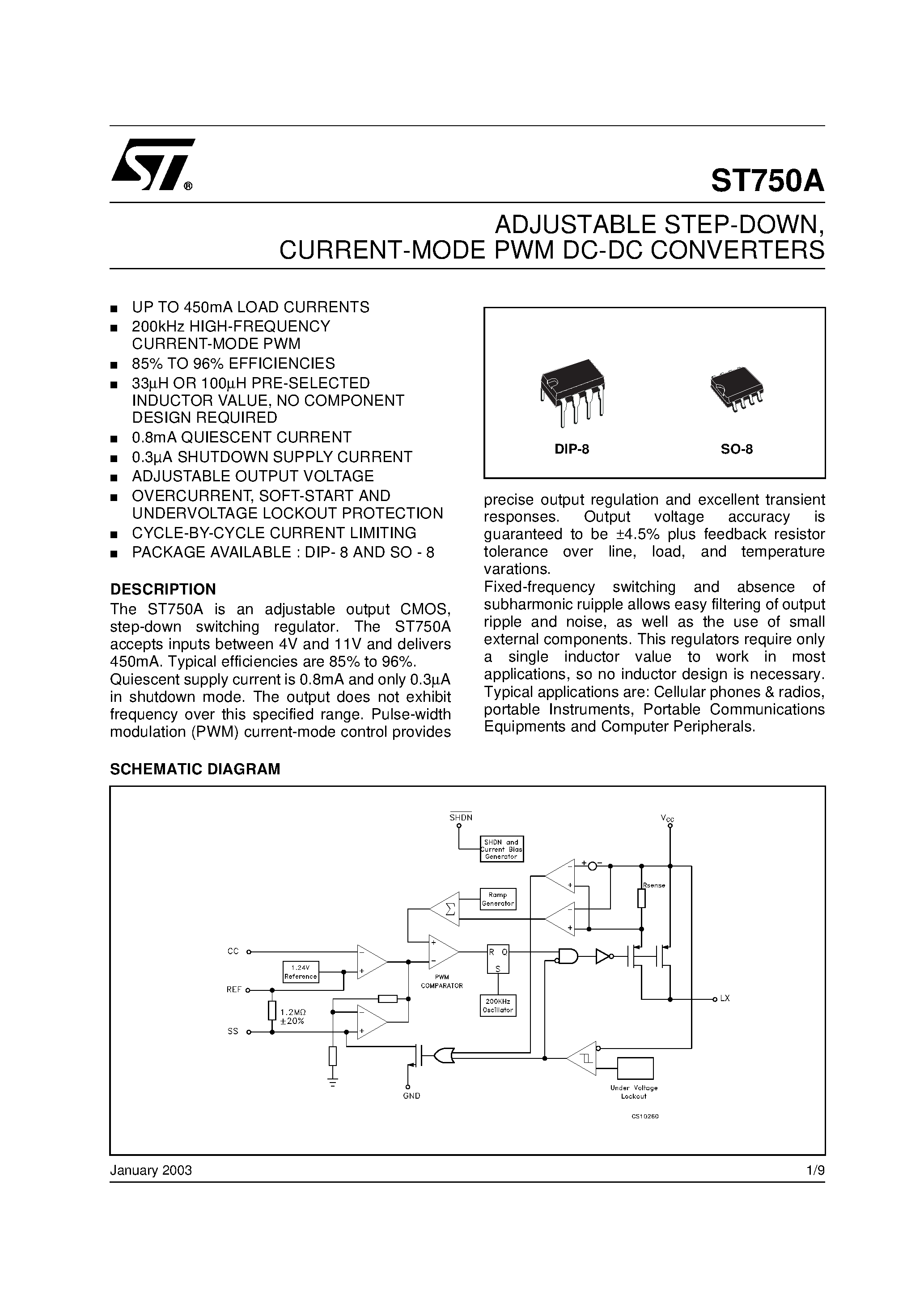Datasheet ST750A - ADJUSTABLE STEP-DOWN / CURRENT-MODE PWM DC-DC CONVERTERS page 1