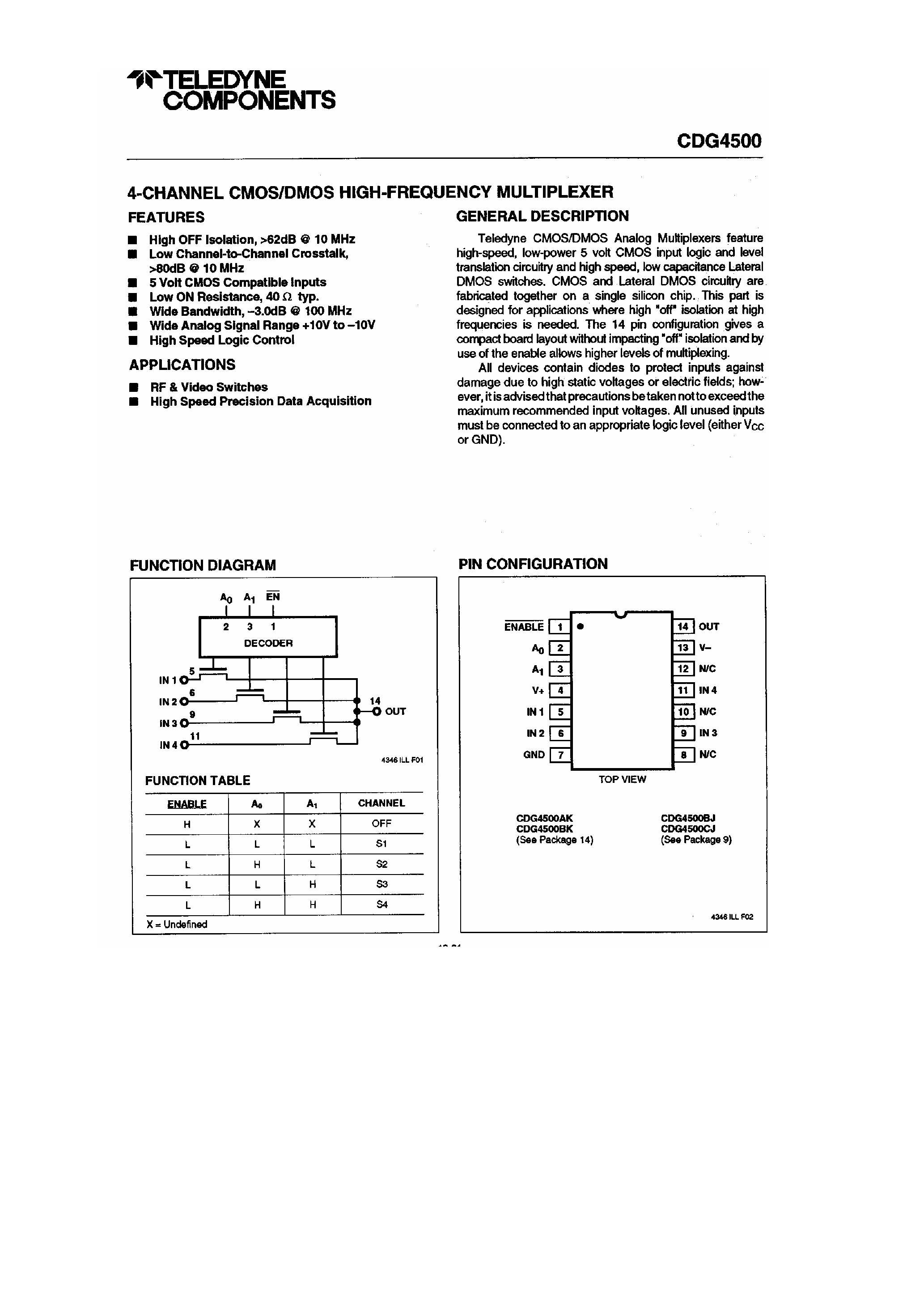 Datasheet CDG4500 - 4 Channel CMOS / DMOS High Frequency Multiplexer page 1