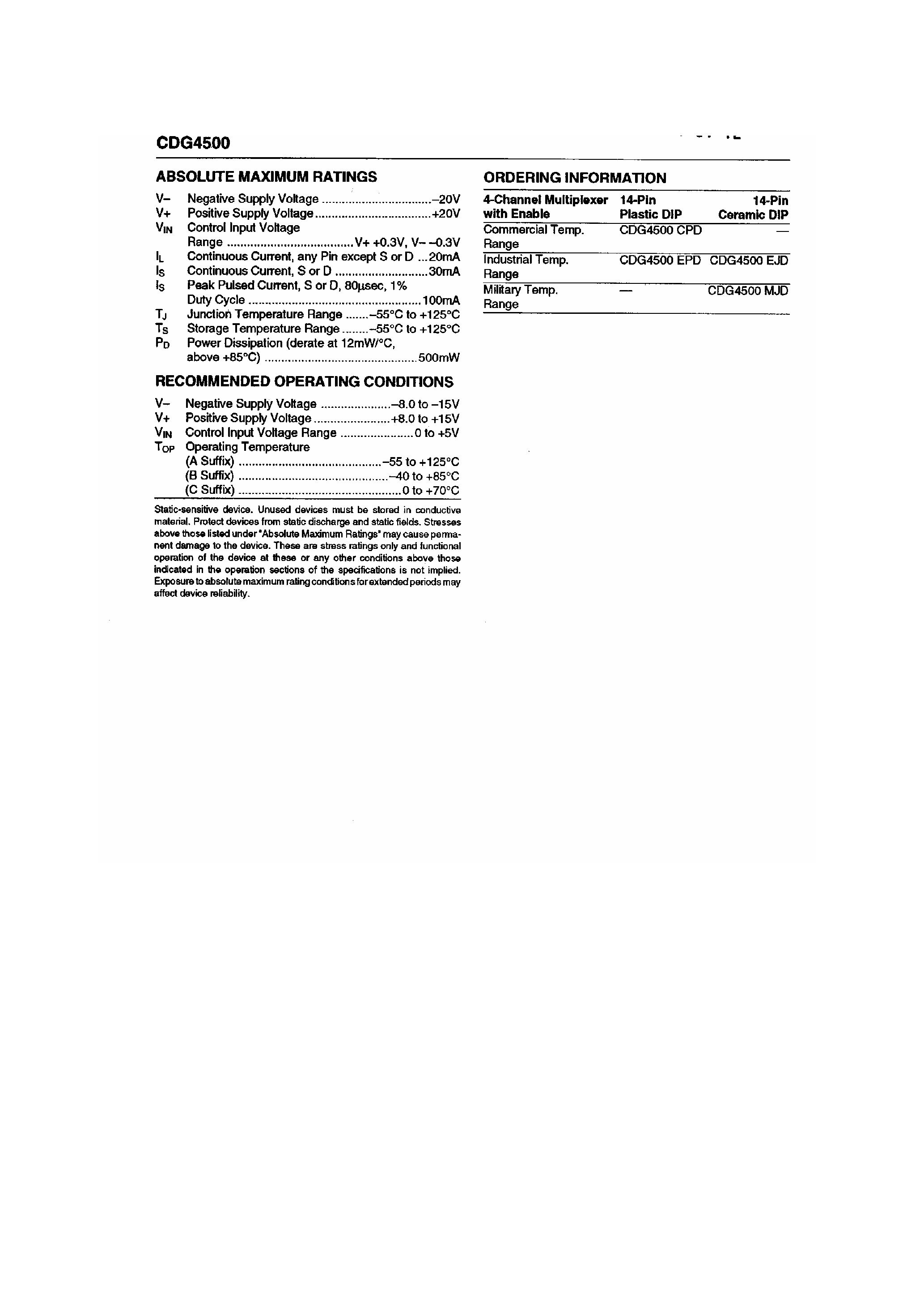 Datasheet CDG4500 - 4 Channel CMOS / DMOS High Frequency Multiplexer page 2