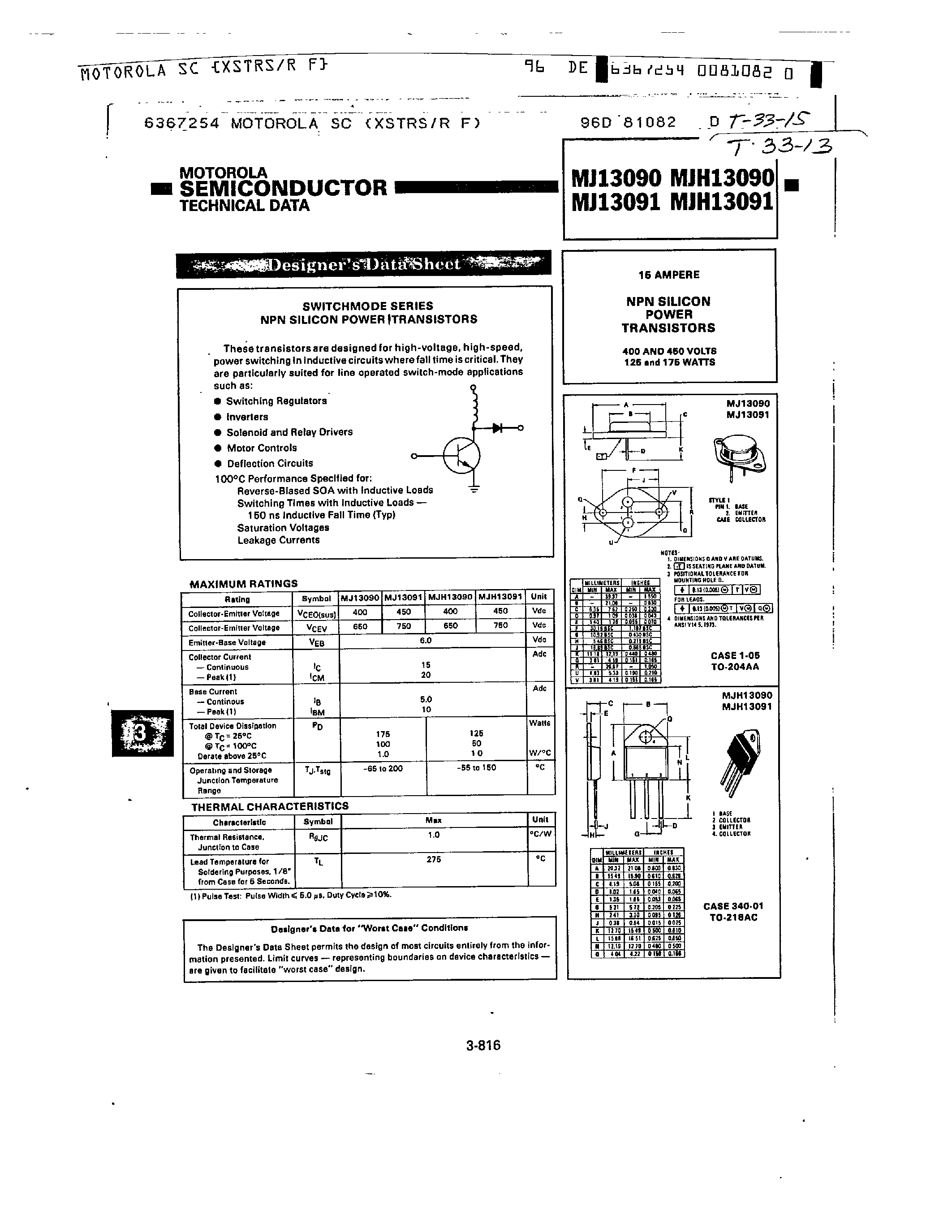 Даташит на микросхему MJ1309x страница 1 Даташит MJ1309x - 15 AMPERE NPN SILICON POWER TRANSISTORS страница 1