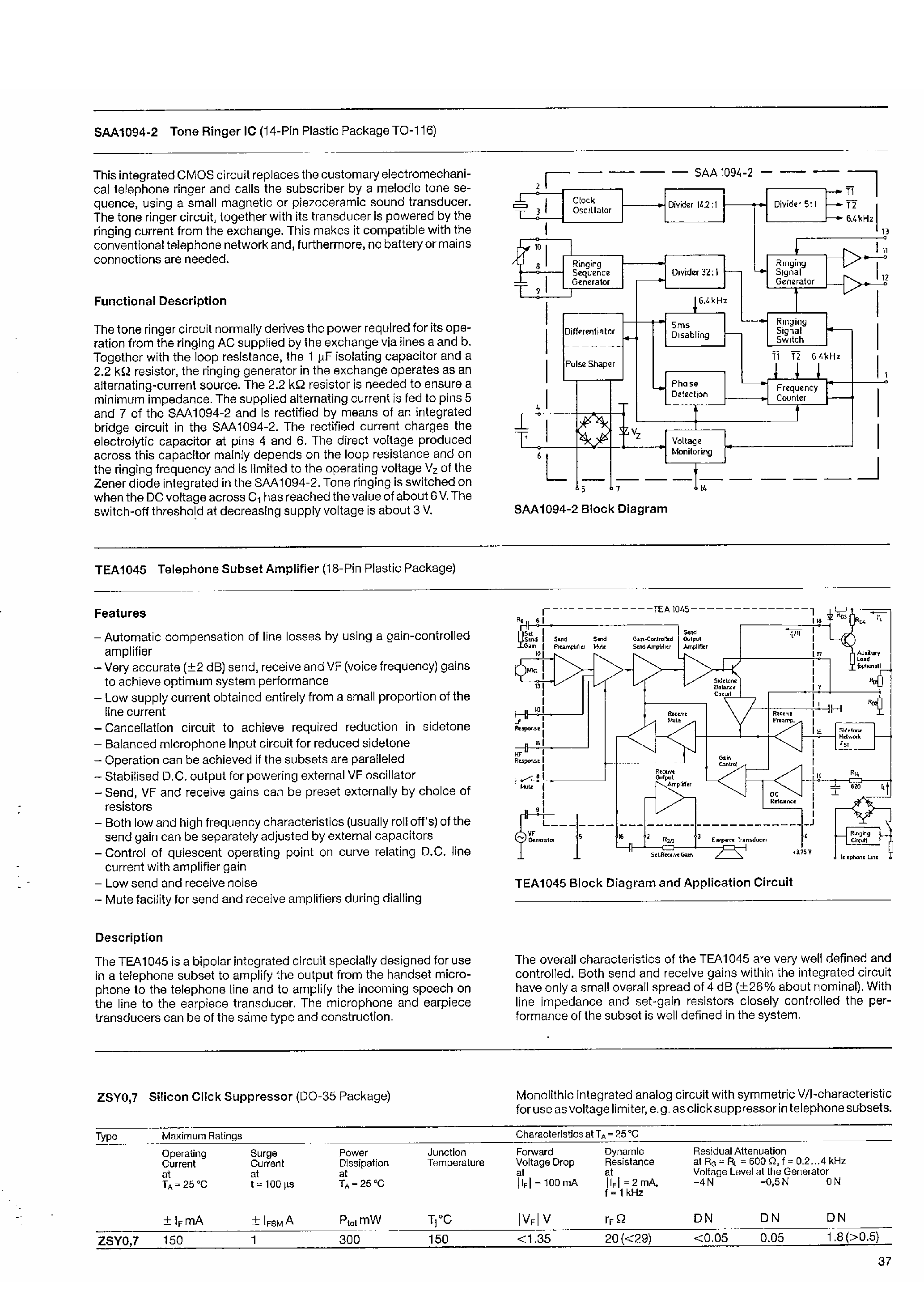 Datasheet TEA1045 - Telephone Applications page 1