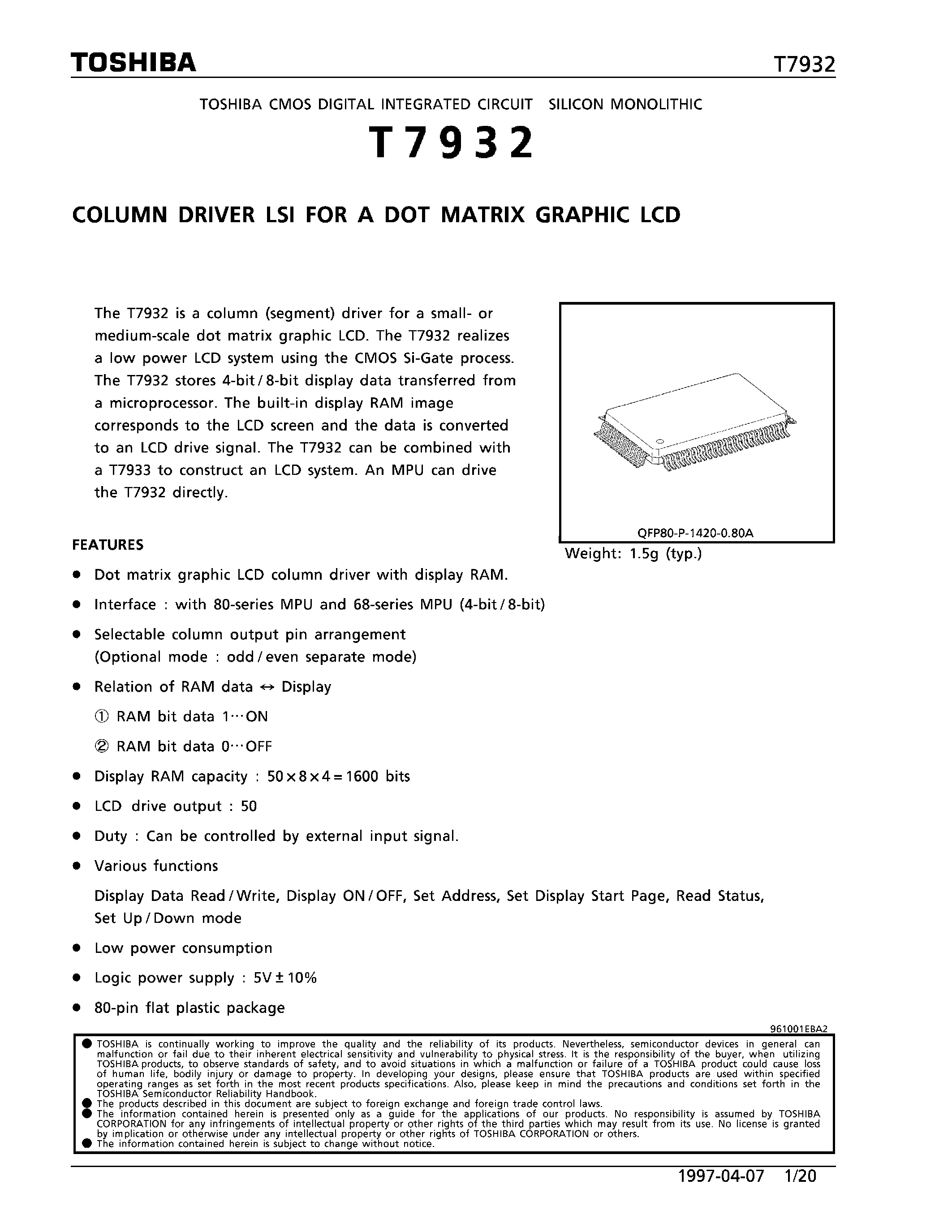 Datasheet T7932 - COLUMN DRIVER LSI FOR A DOT MATRIX GRAPHIC LCD page 1