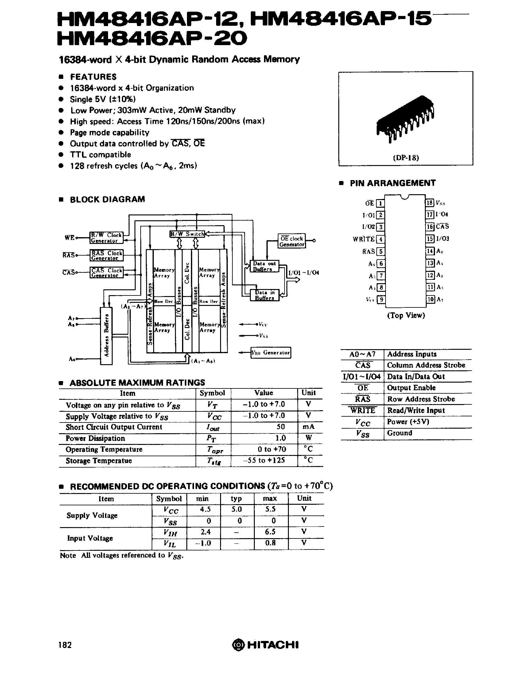 Datasheet HM48416AP page 1 Datasheet HM48416AP - 16384 word x 4 Bit Dynamic RAM page 1