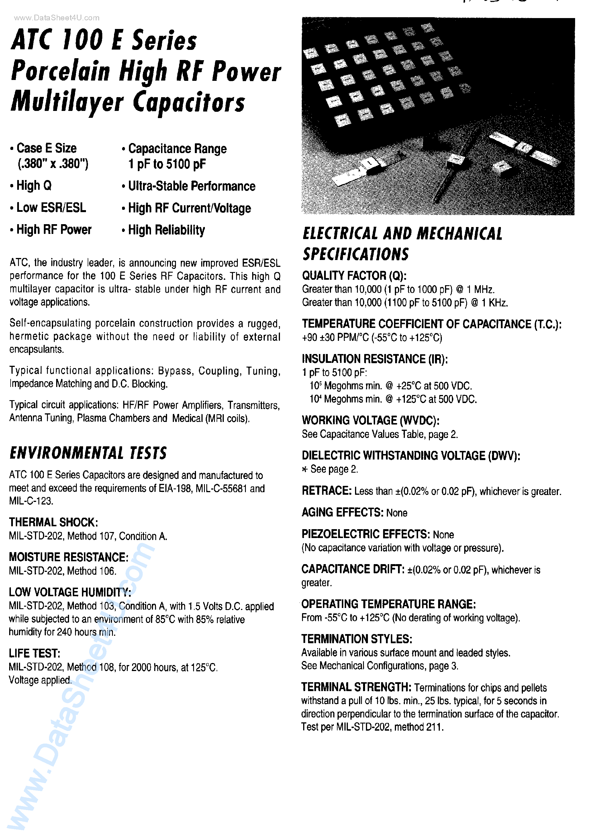 Datasheet ATC100E120xxx page 1 Datasheet ATC100E120xxx - Porcelain High RF Power Multilayer Capacitors page 1