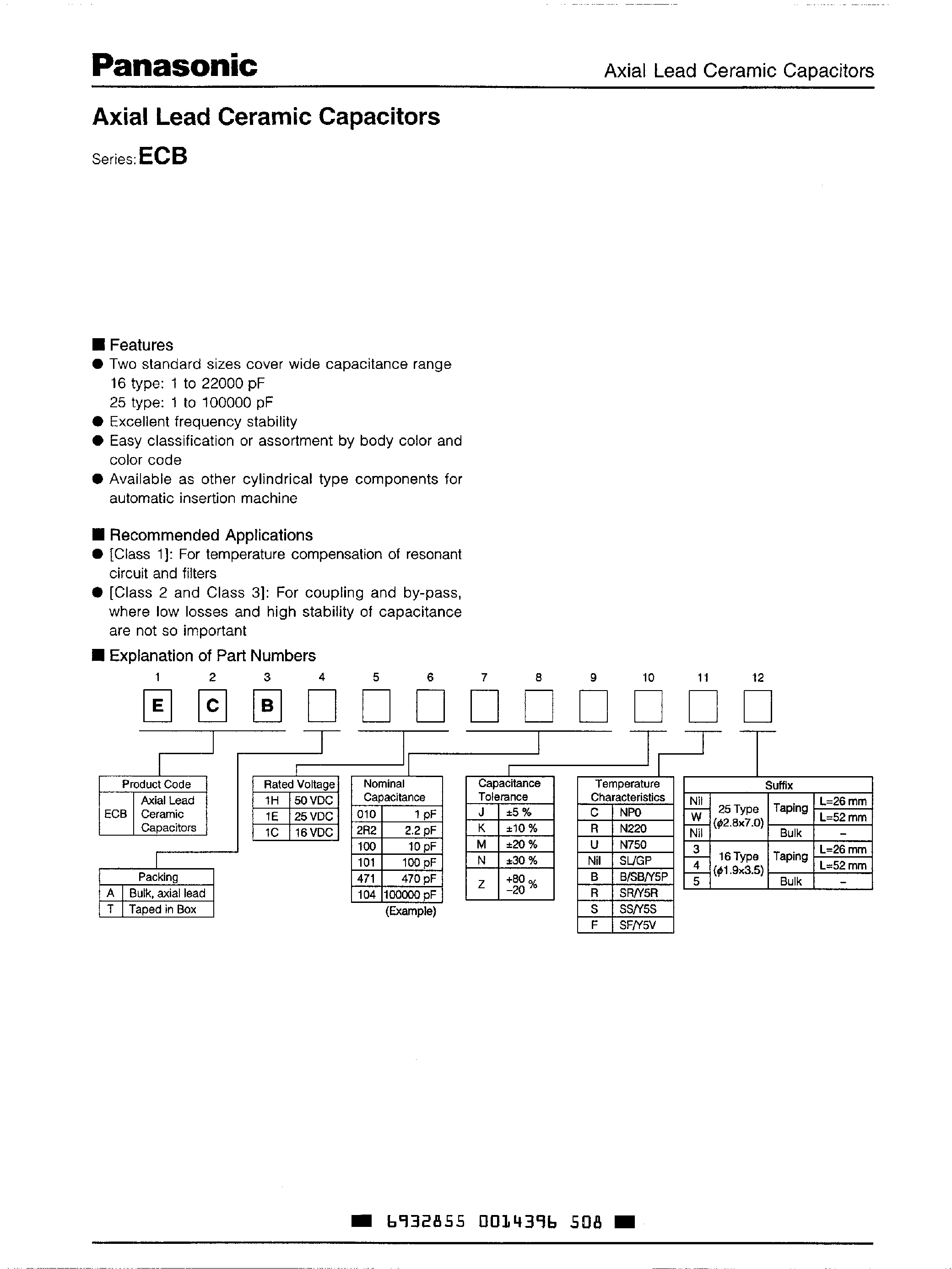 Datasheet ECBA1E120xxx page 1 Datasheet ECBA1E120xxx - Axial Lead Ceramic Capacitors page 1