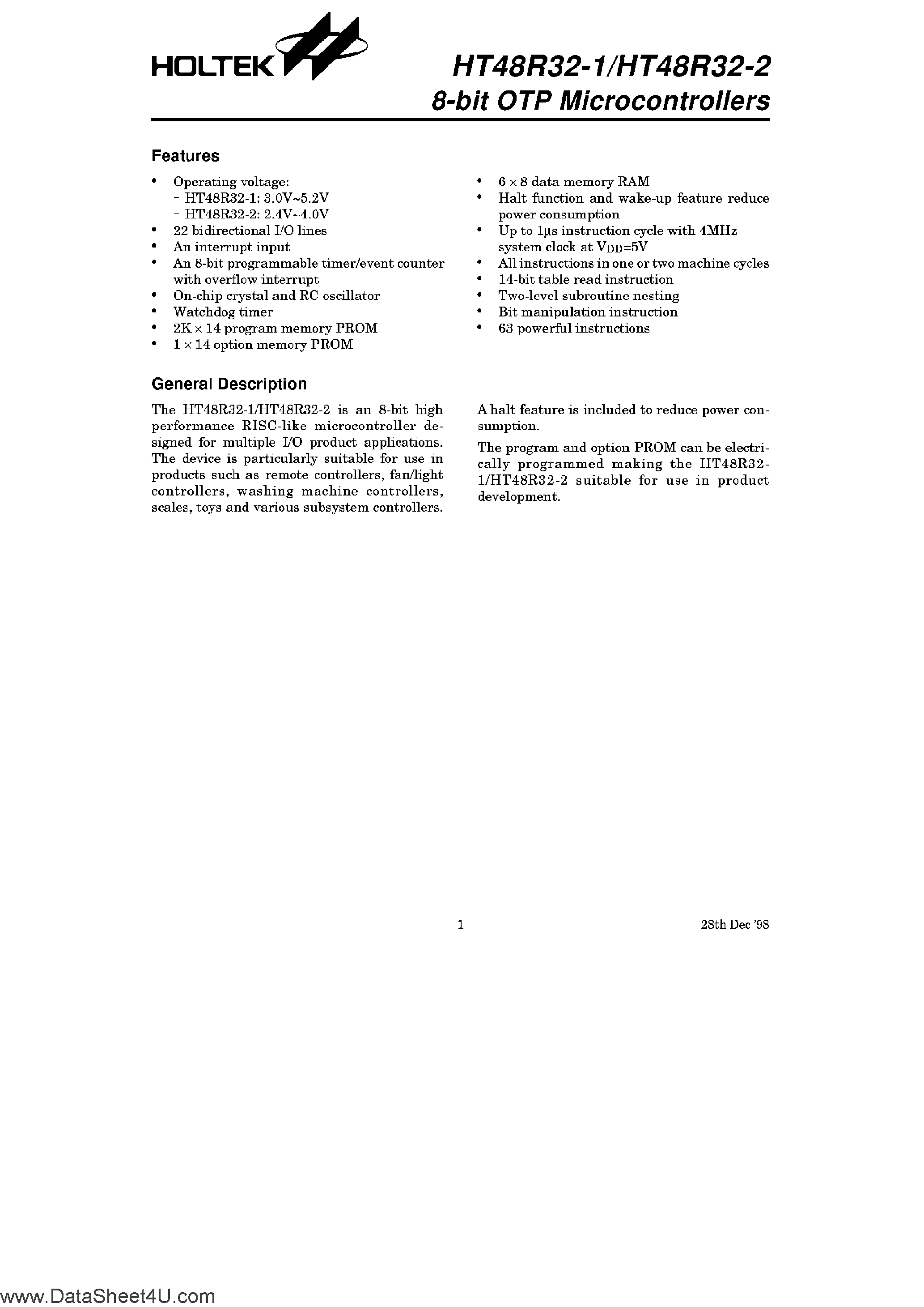 Datasheet HT48R32-x - 8 Bit OTP Microcontrollers page 1