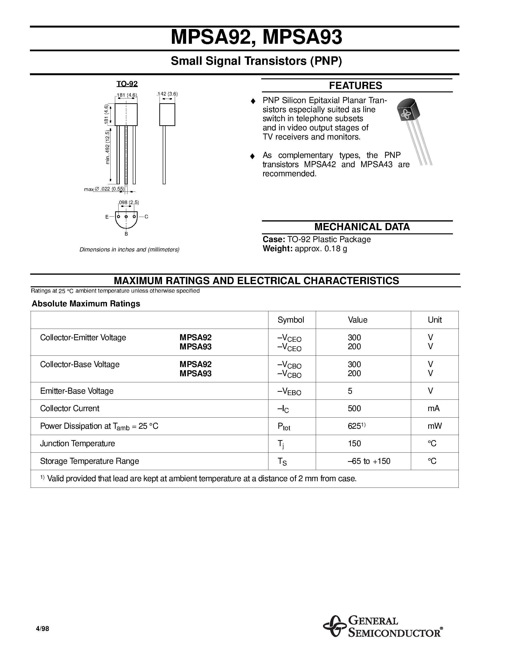 Даташит на микросхему MPSA93 страница 1 Даташит MPSA93 - Small Signal Transistors страница 1