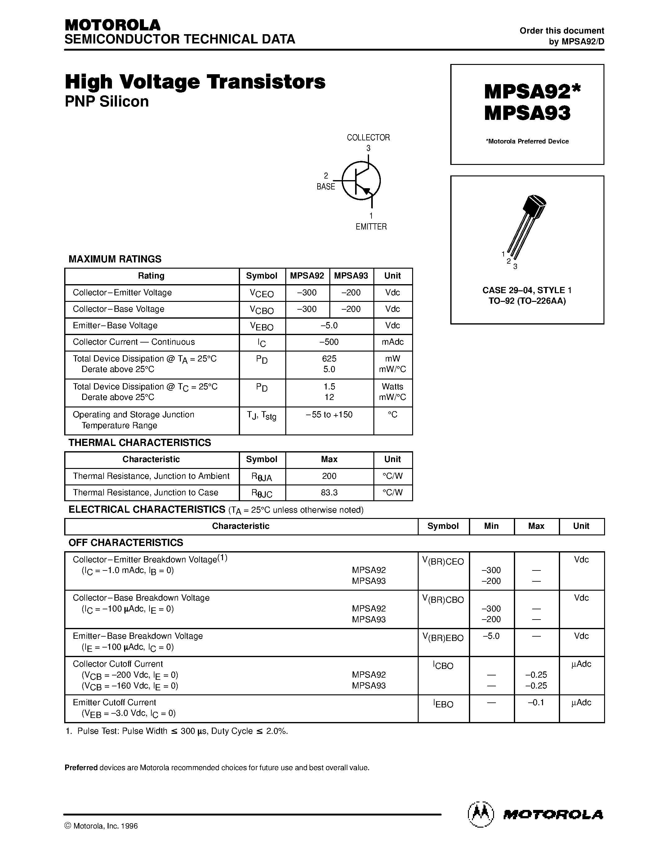 Datasheet MPSA93 page 1 Datasheet MPSA93 - High Voltage Transistors page 1