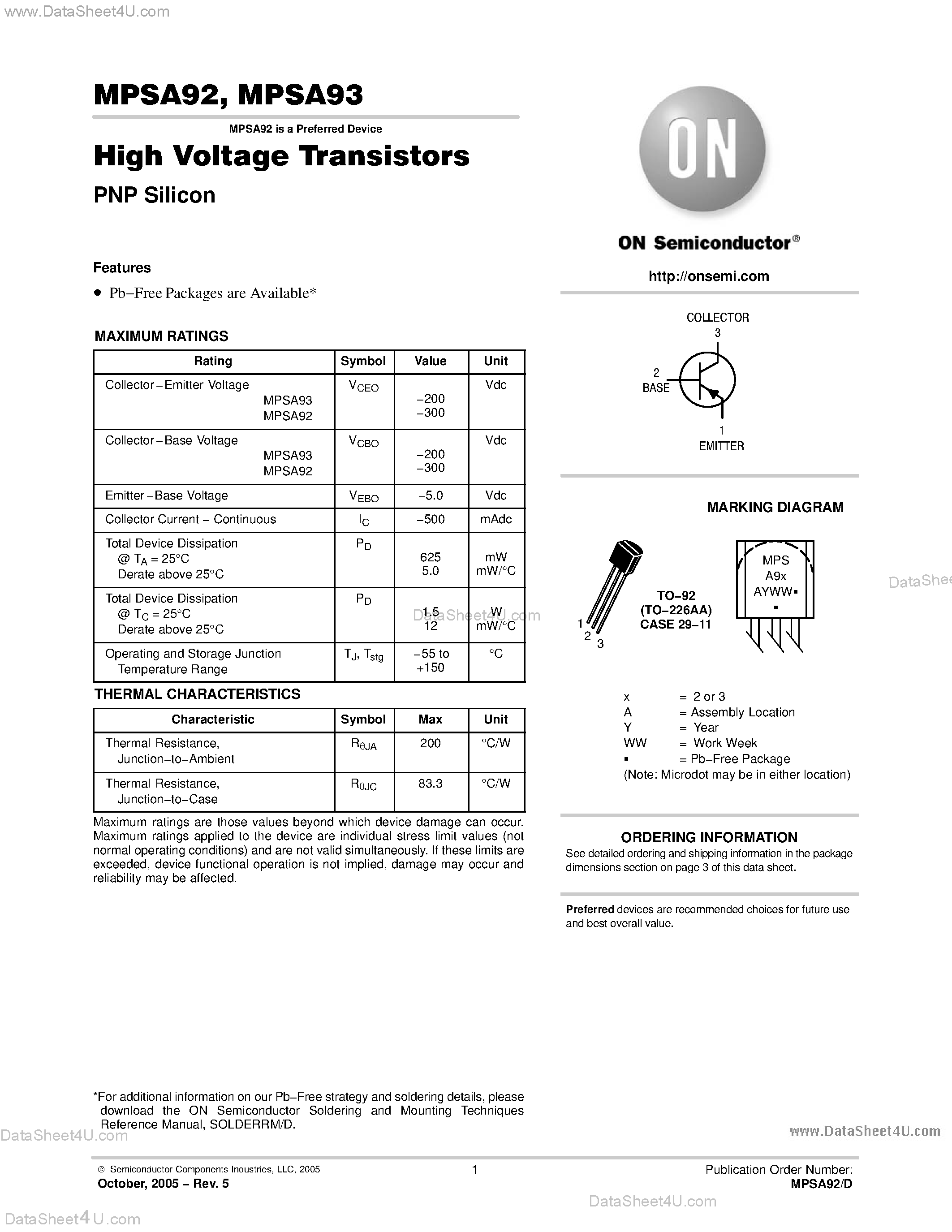 Datasheet MPSA92 page 1 Datasheet MPSA92 - High Voltage Transistors page 1