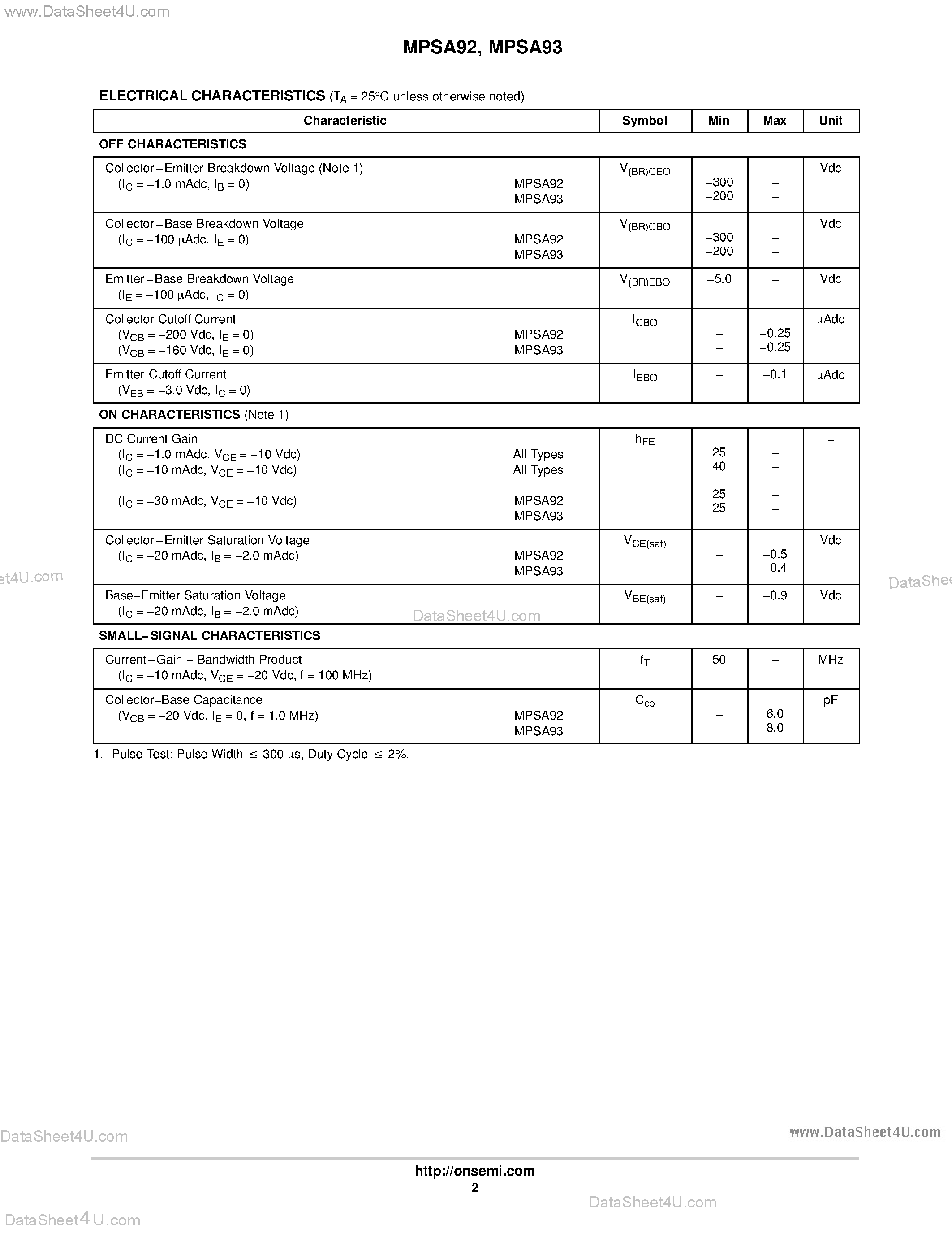 Datasheet MPSA92 page 2 Datasheet MPSA92 - High Voltage Transistors page 2