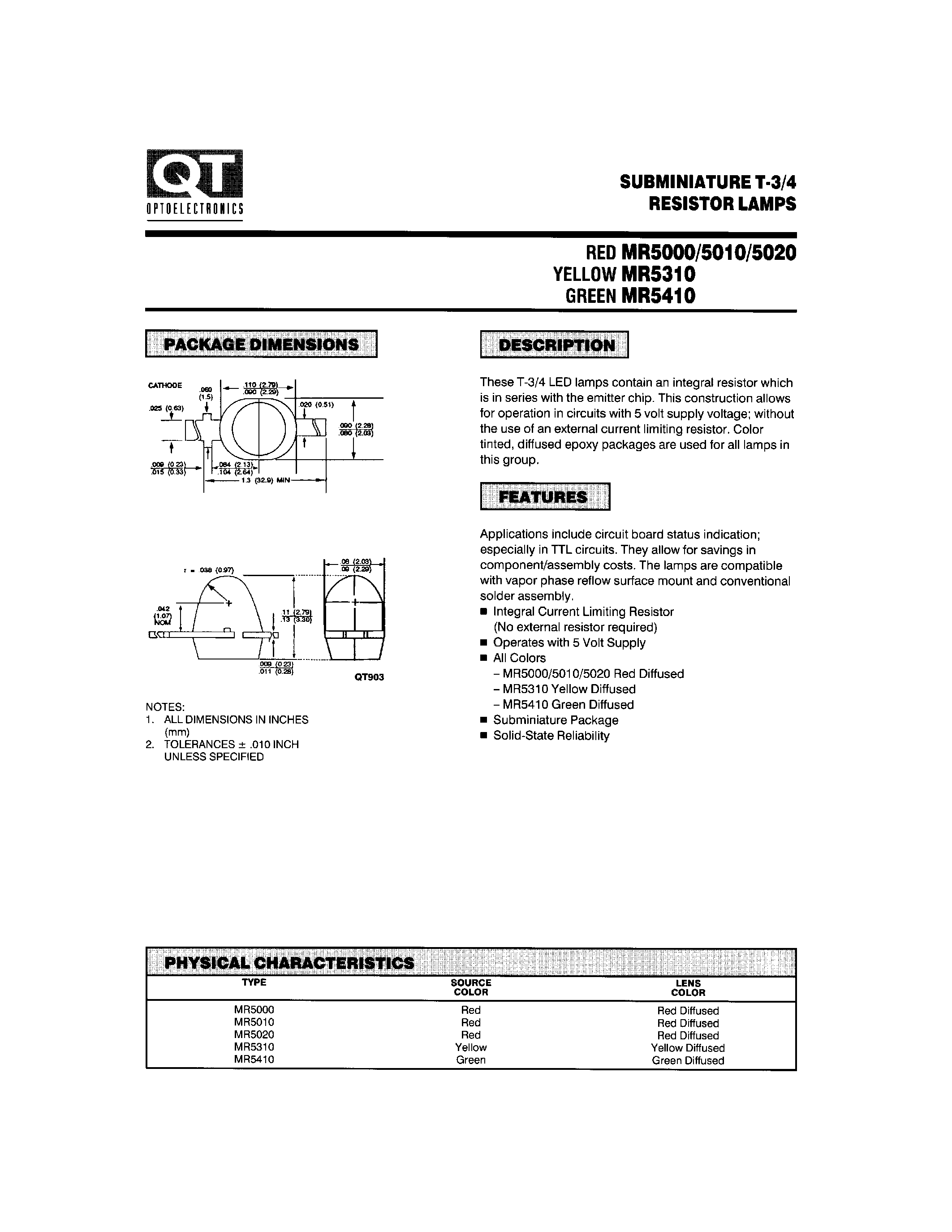 Даташит на микросхему MR5020 страница 1 Даташит MR5020 - SUBMINIATURE T-3/4 RESISTOR LAMPS страница 1