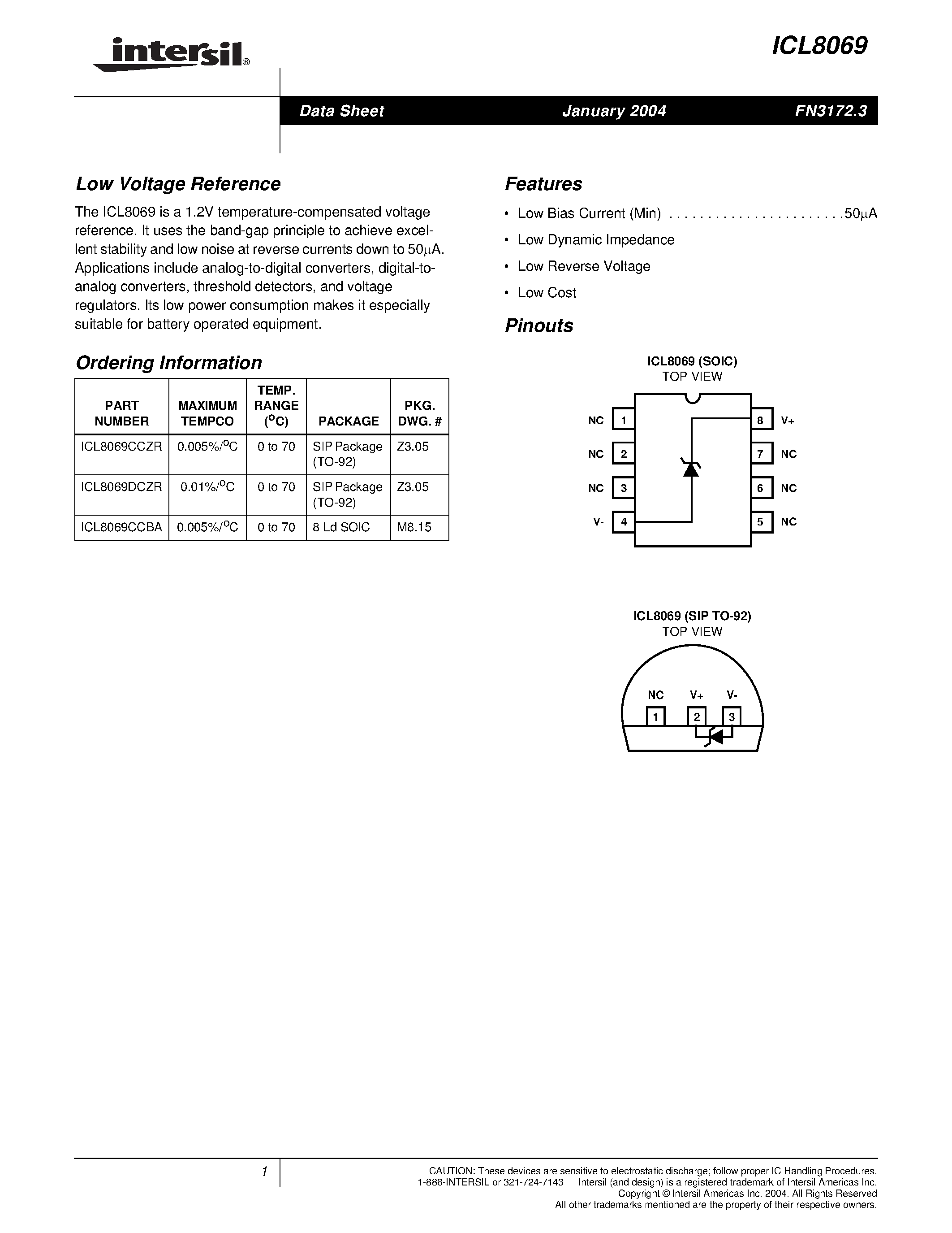 Даташит ICL8069 - Low Voltage Reference страница 1