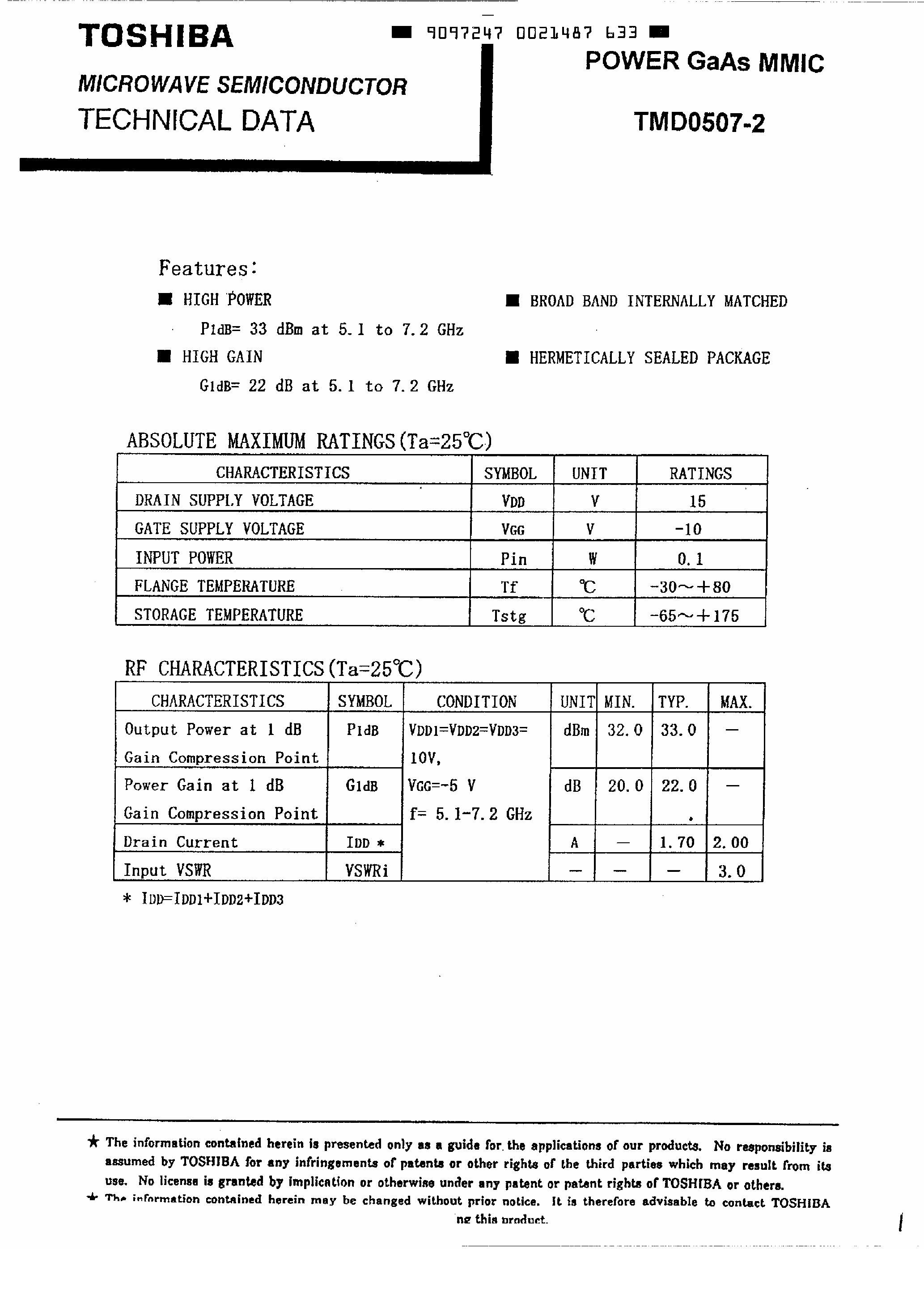 Datasheet TMD0507-2 - Power GaAs MMIC page 1