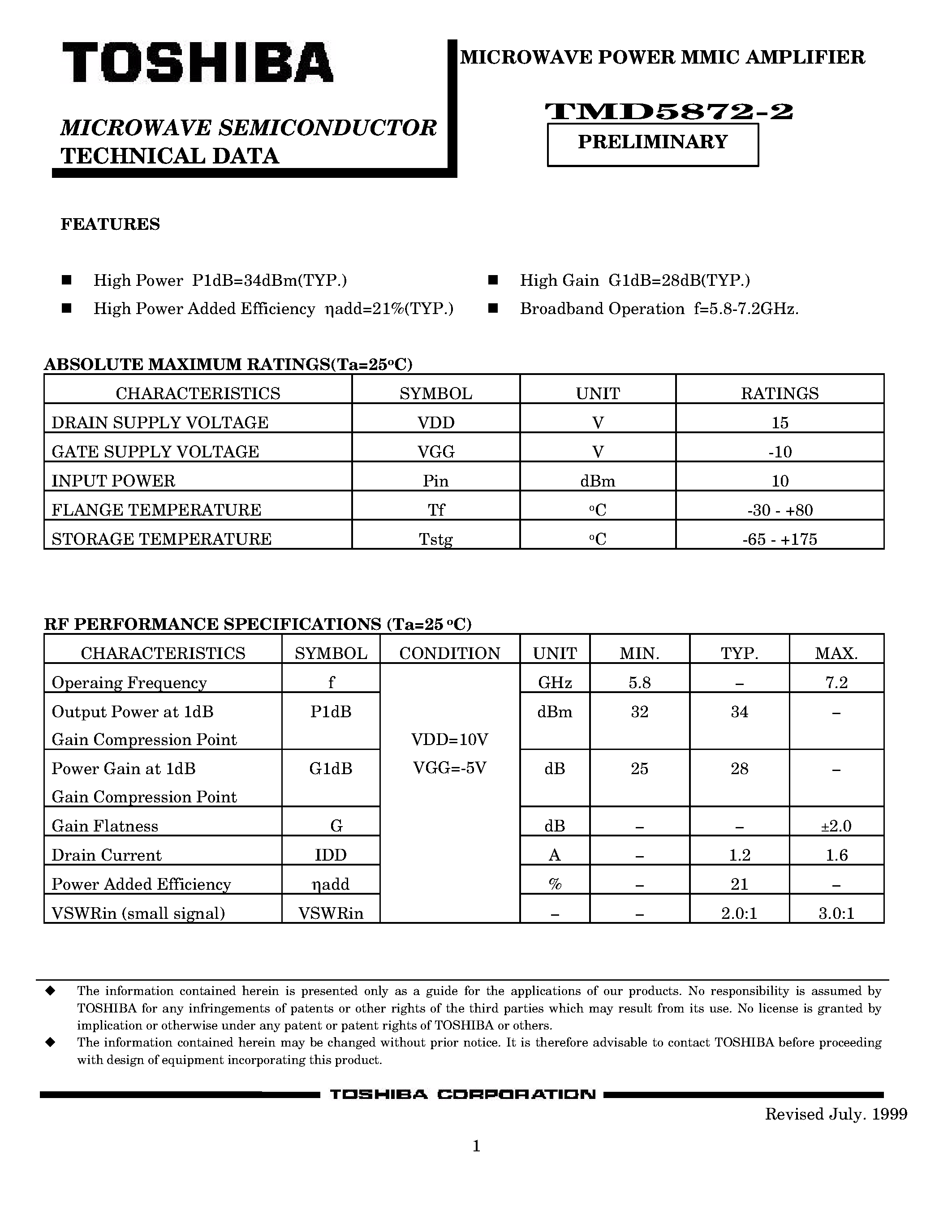 Datasheet TMD5872-2 - Microwave Power MMIC Amplifier page 1