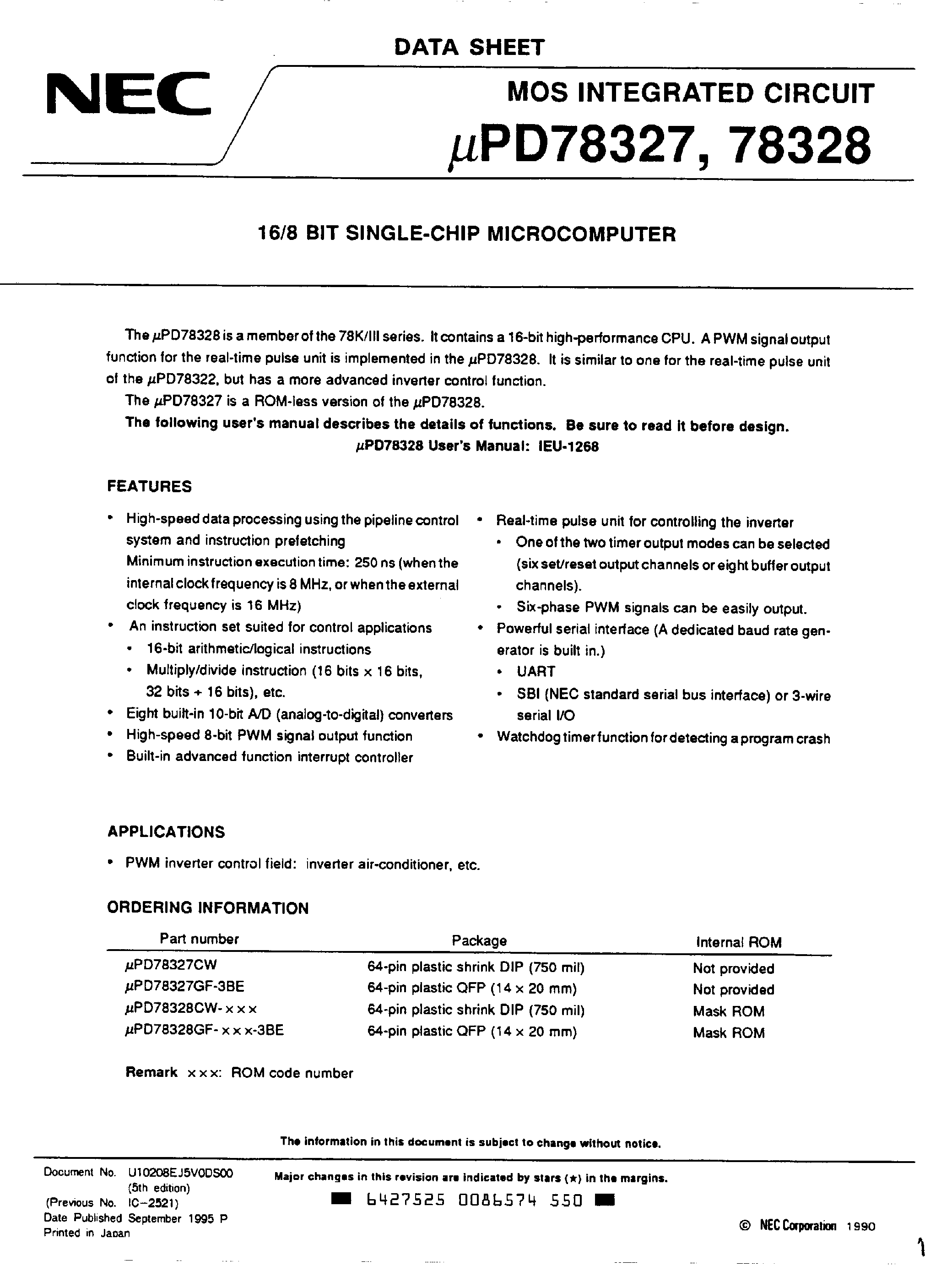 Даташит UPD78327 - 16/8 Bit Single-Chip Microcomputer страница 1