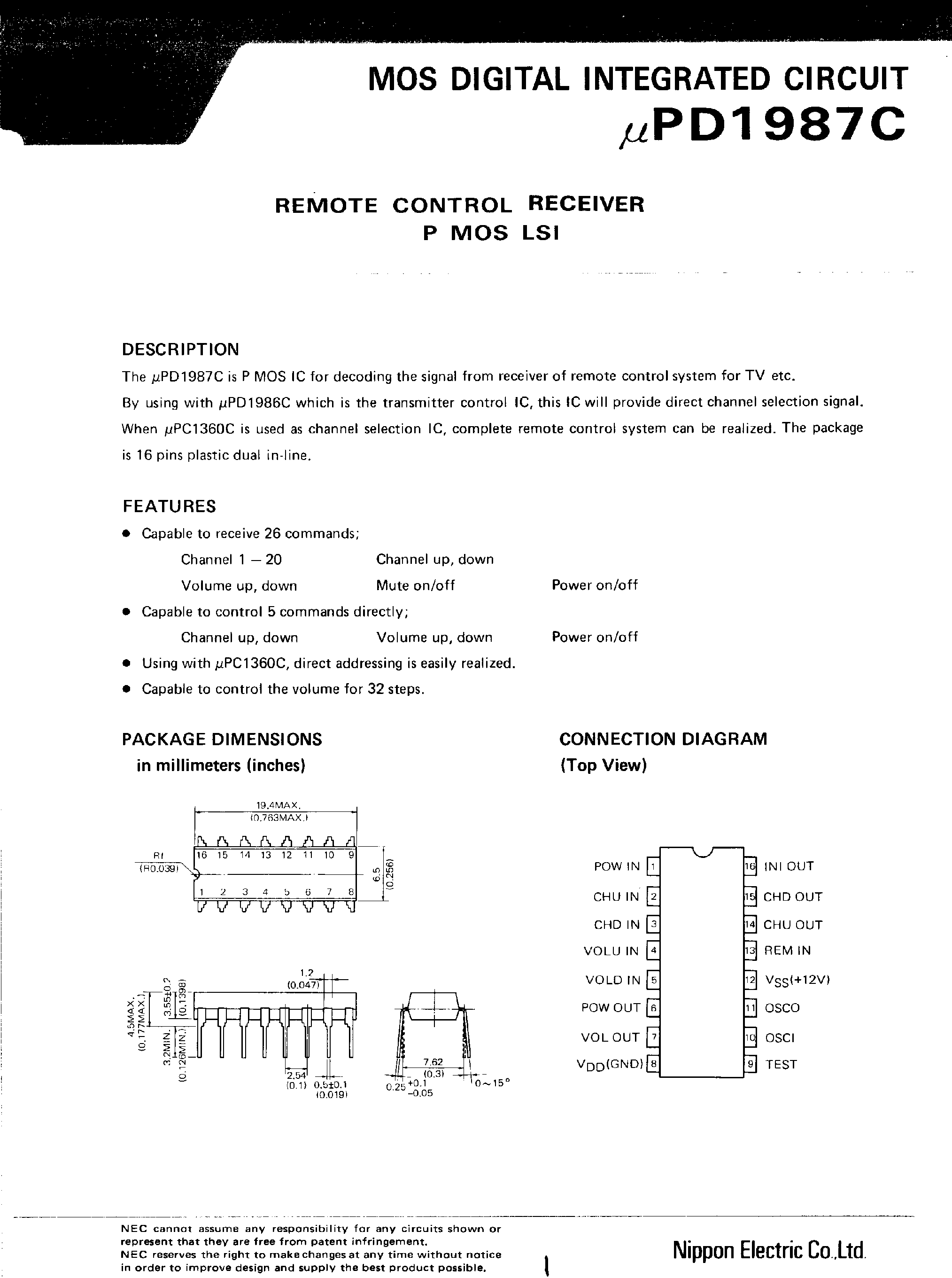 Datasheet UPD1987C - Remote Control Receiver P MOS LSI page 1