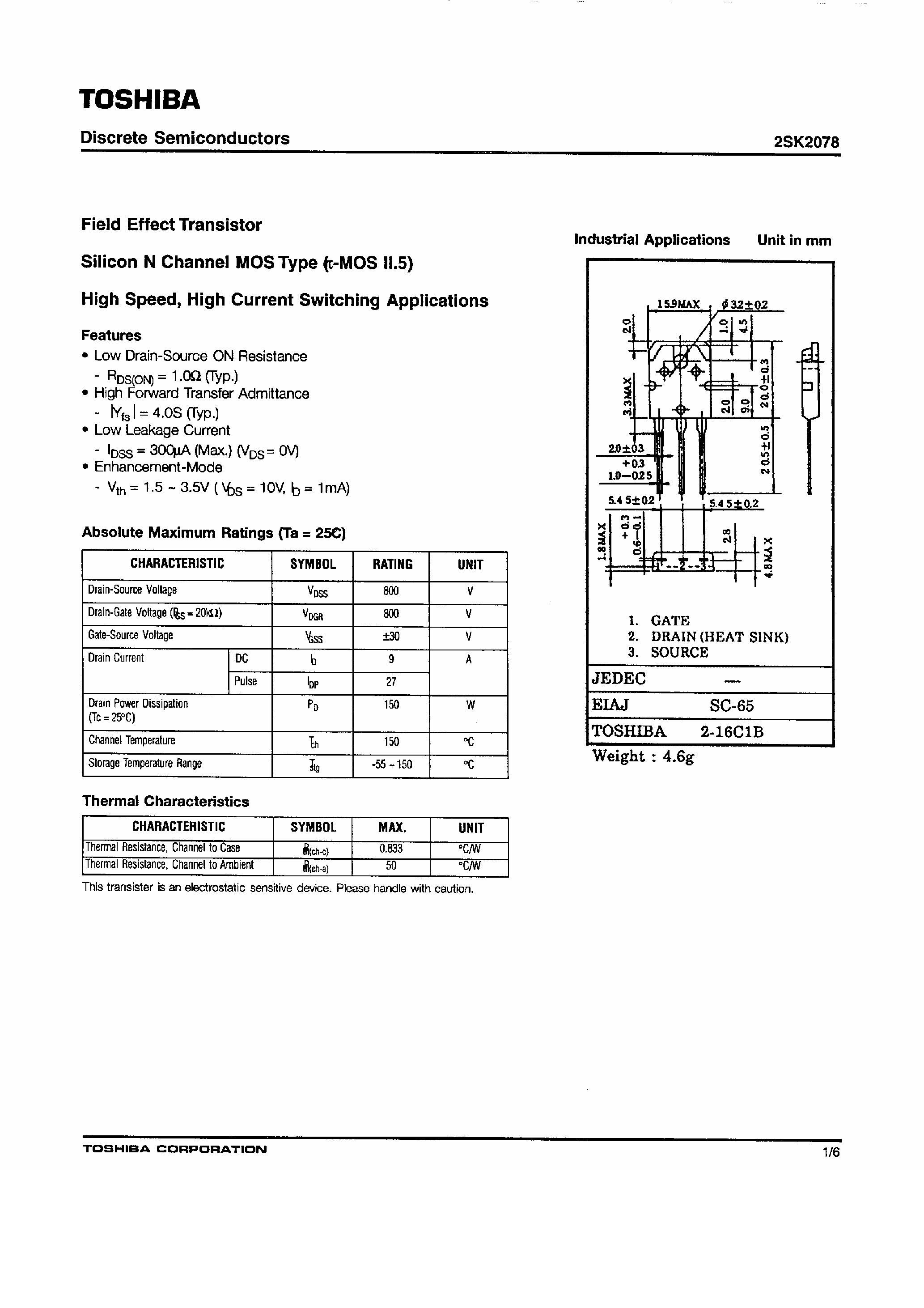 Даташит на микросхему 2SK2078 страница 1 Даташит 2SK2078 - Field Effect Transistor / N Channel MOS Type страница 1