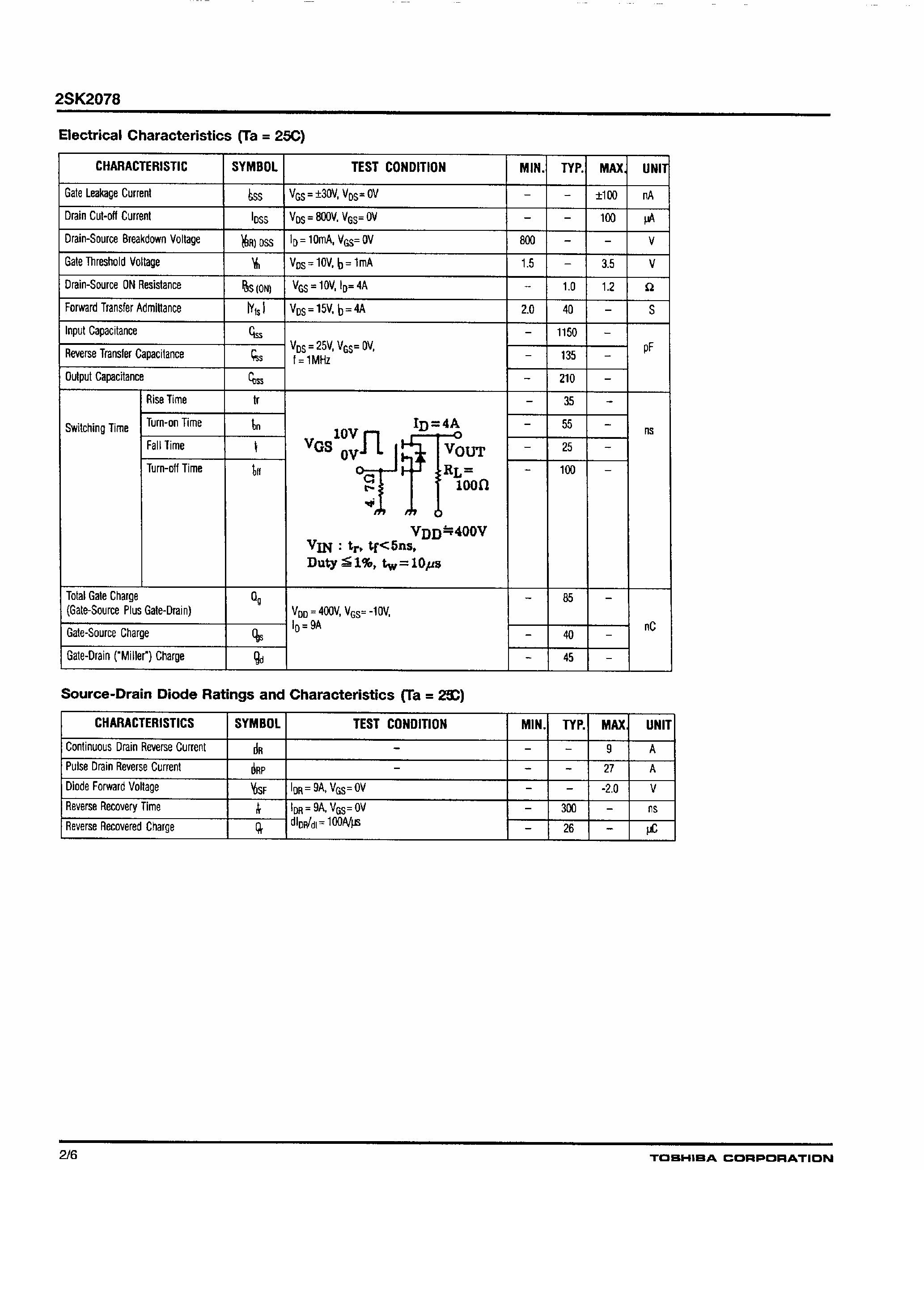 Даташит на микросхему 2SK2078 страница 2 Даташит 2SK2078 - Field Effect Transistor / N Channel MOS Type страница 2