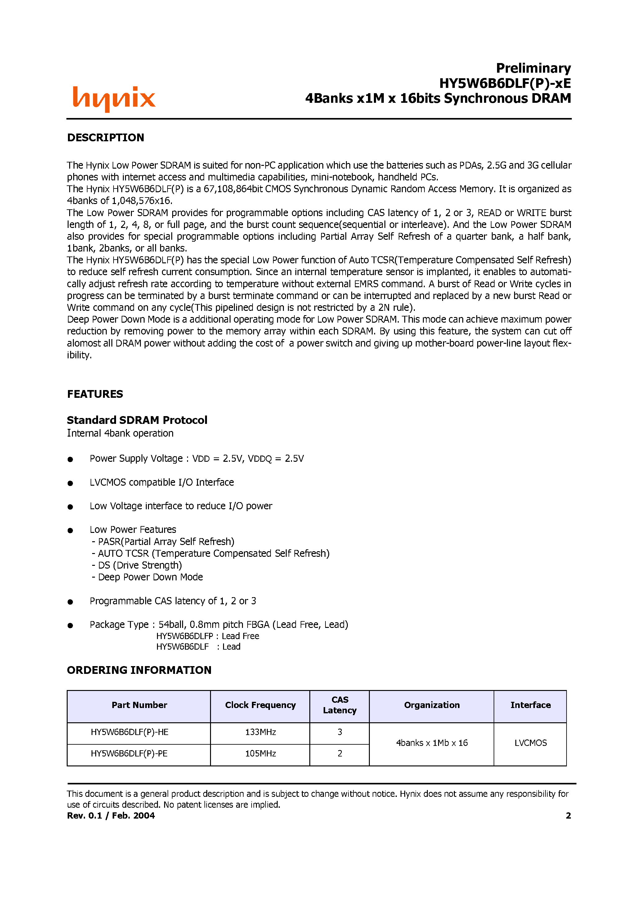 Datasheet HY5W6B6DLF - 4 Bank x 1 M x 16 Bit Synchronous DRAM page 2