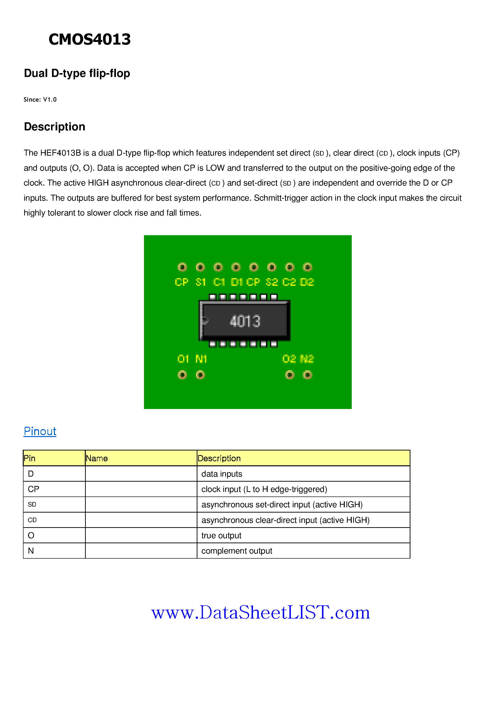 Даташит CMOS4013 - Dual D-type flip-flop страница 1