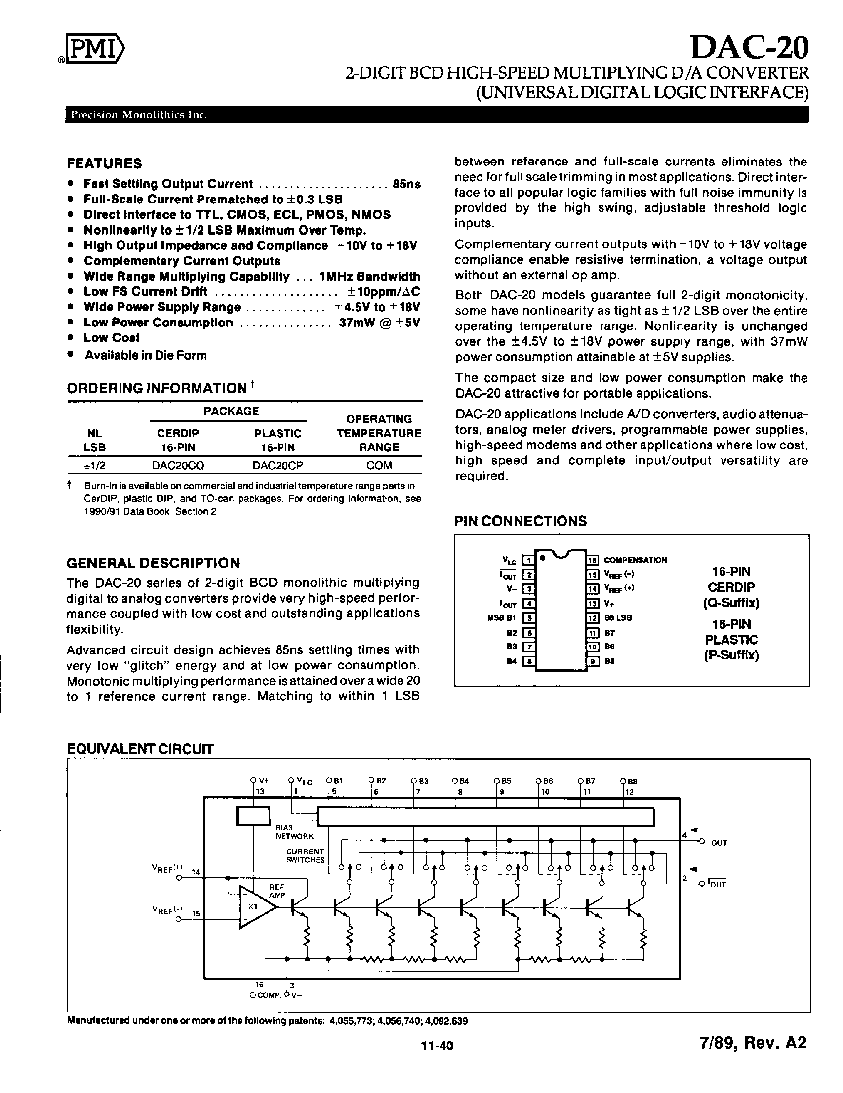 Datasheet DAC20 - 2 Digit BCD High Speed Multiplying D/A Converter page 1