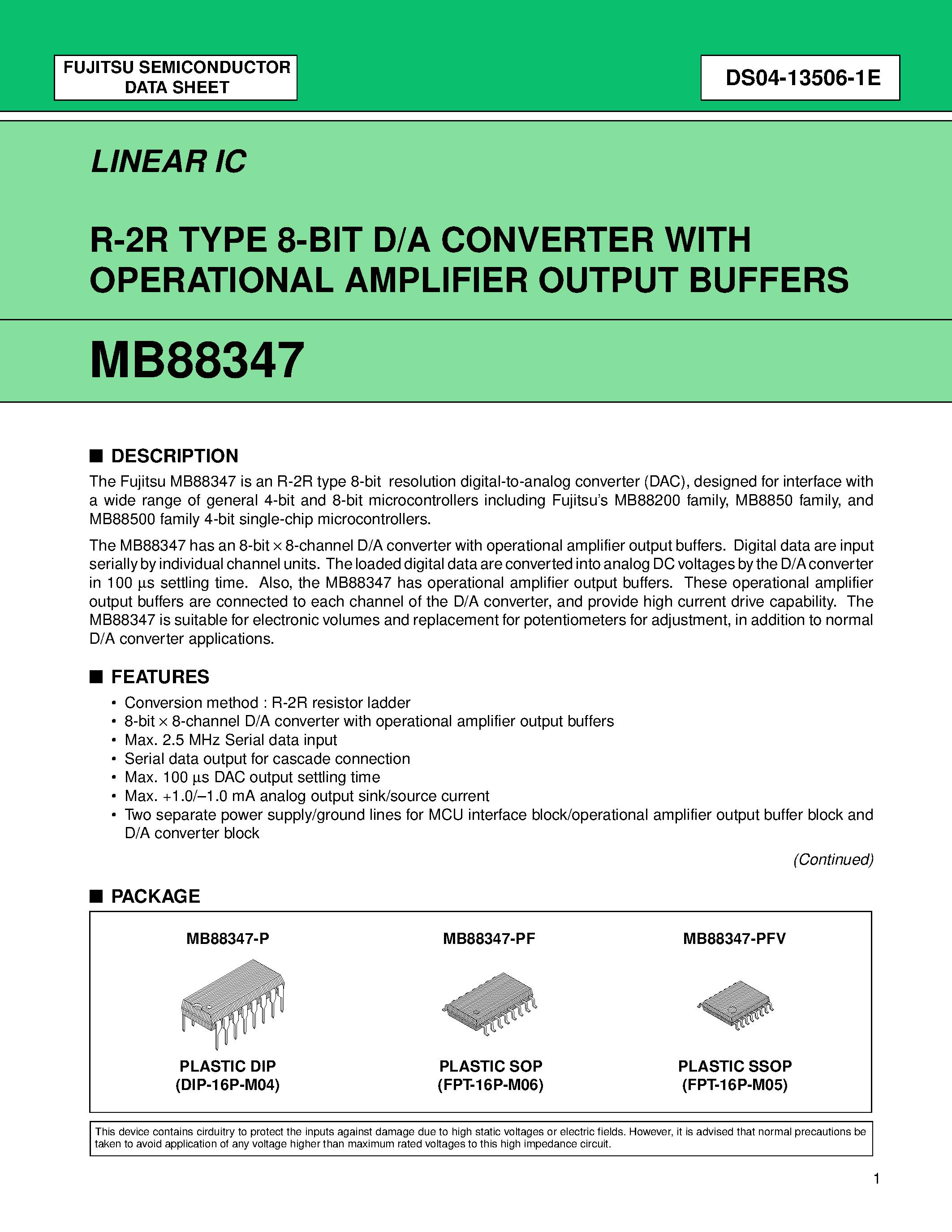 Datasheet MB88347 page 1 Datasheet MB88347 - R-2R TYPE 8-BIT D/A CONVERTER WITH OPERATIONAL AMPLIFIER OUTPUT BUFFERS page 1