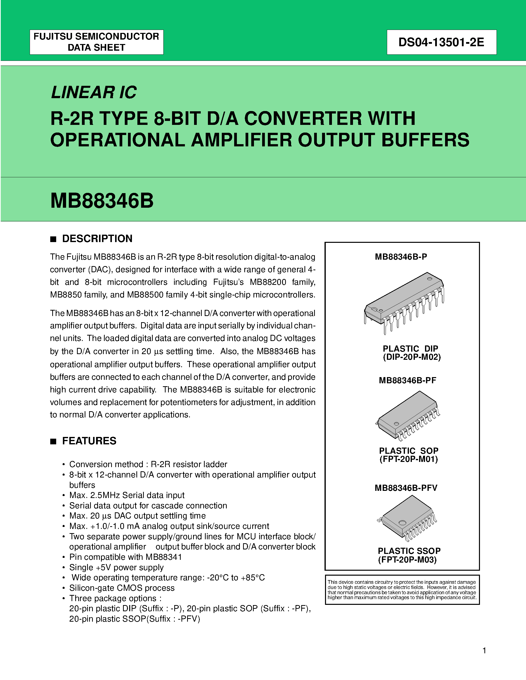 Даташит на микросхему MB88346B страница 1 Даташит MB88346B - R-2R TYPE 8-BIT D/A CONVERTER WITH OPERATIONAL AMPLIFIER OUTPUT BUFFERS страница 1