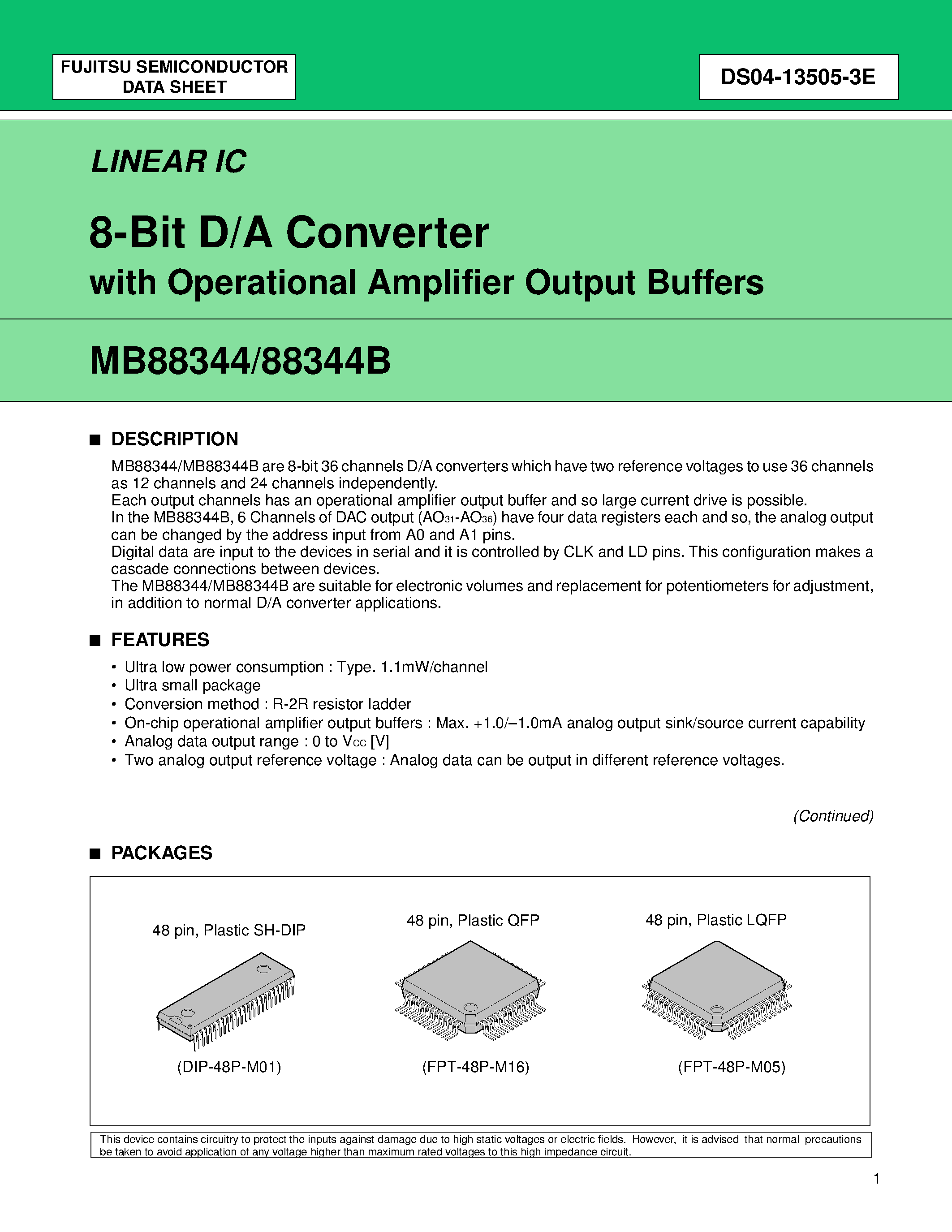Даташит на микросхему MB88344 страница 1 Даташит MB88344 - 8-BIT D/A CONVERTER WITH OPERATIONAL AMPLIFIER OUTPUT BUFFERS страница 1