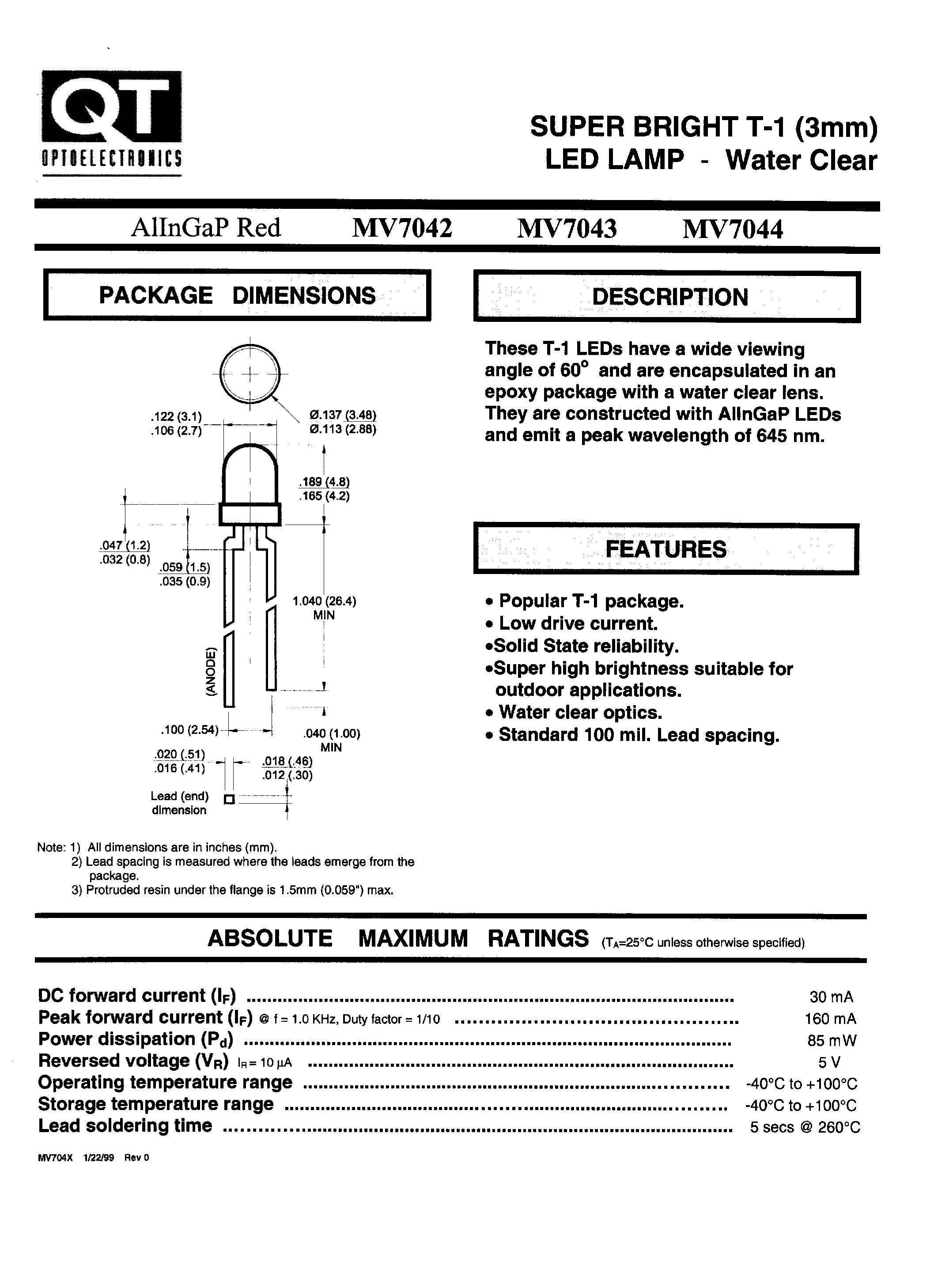 Даташит на микросхему MV704x страница 1 Даташит MV704x - SUPER BRIGHT T-1 (3mm) LED LAMP - WATER CLEAR страница 1