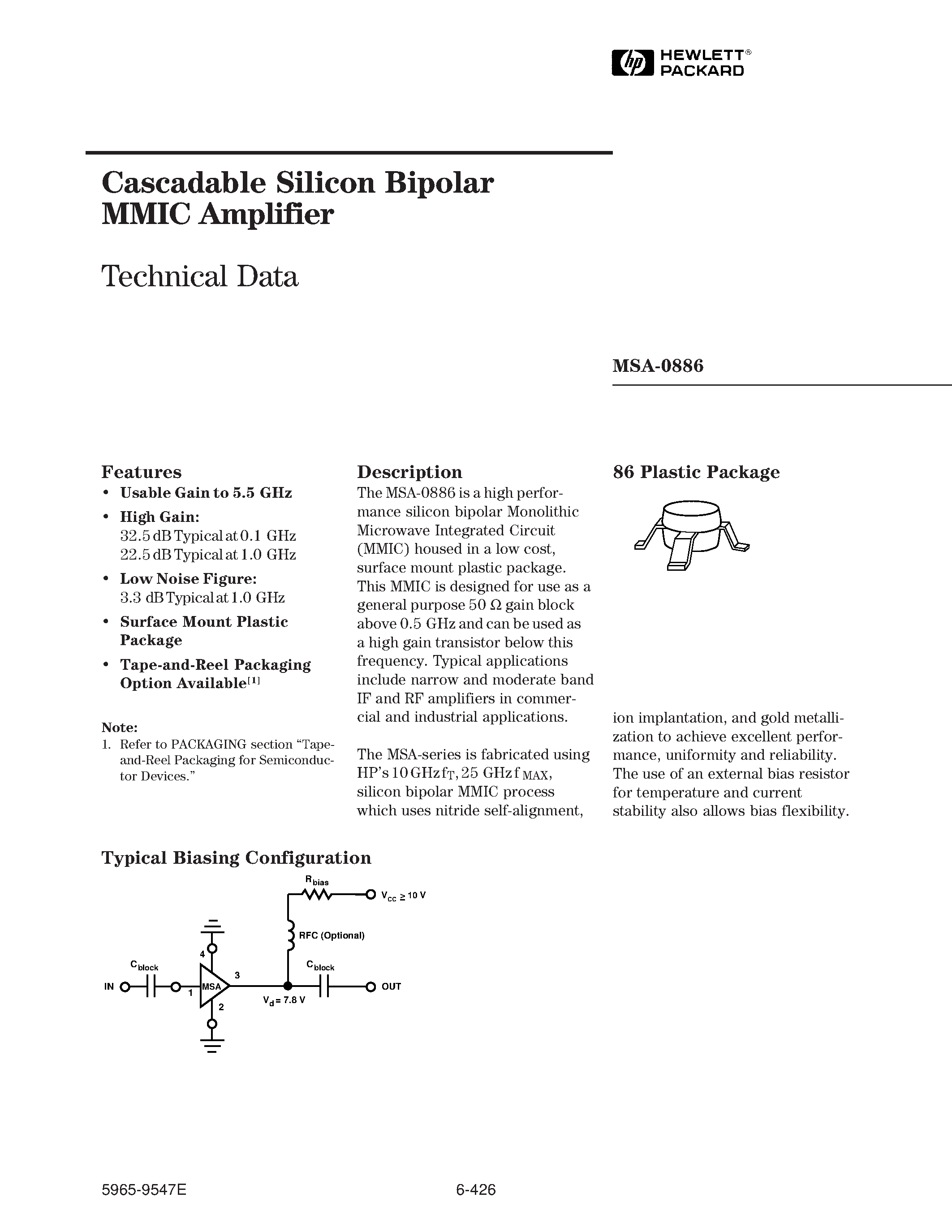 Даташит на микросхему MSA0886 страница 1 Даташит MSA0886 - Cascadable Silicon Bipolar MMIC Amplifier страница 1