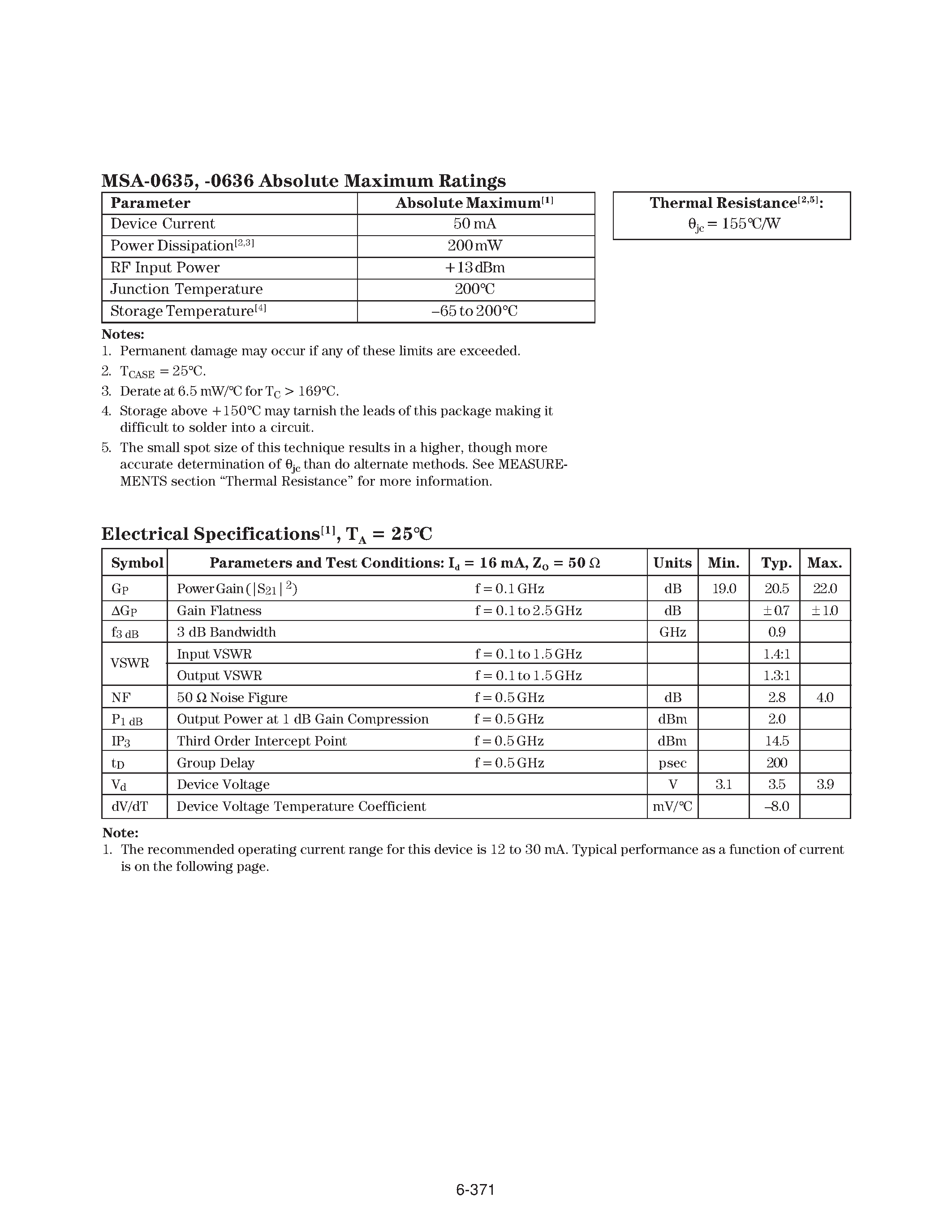 Datasheet MSA0635 page 2 Datasheet MSA0635 - Cascadable Silicon Bipolar MMIC Amplifier page 2