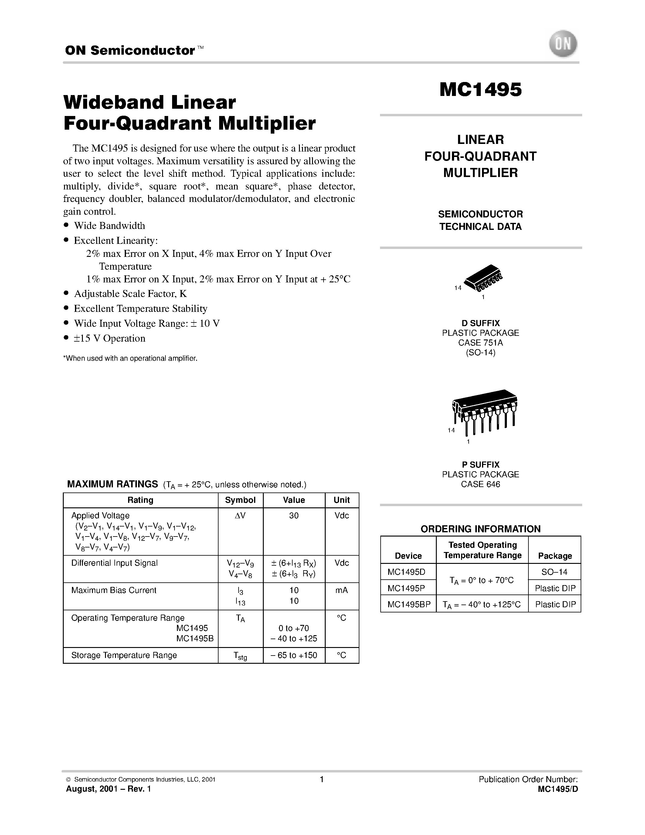 Даташит на микросхему MC1495 страница 1 Даташит MC1495 - LINEAR FOUR-QUADRANT MULTIPLIER страница 1