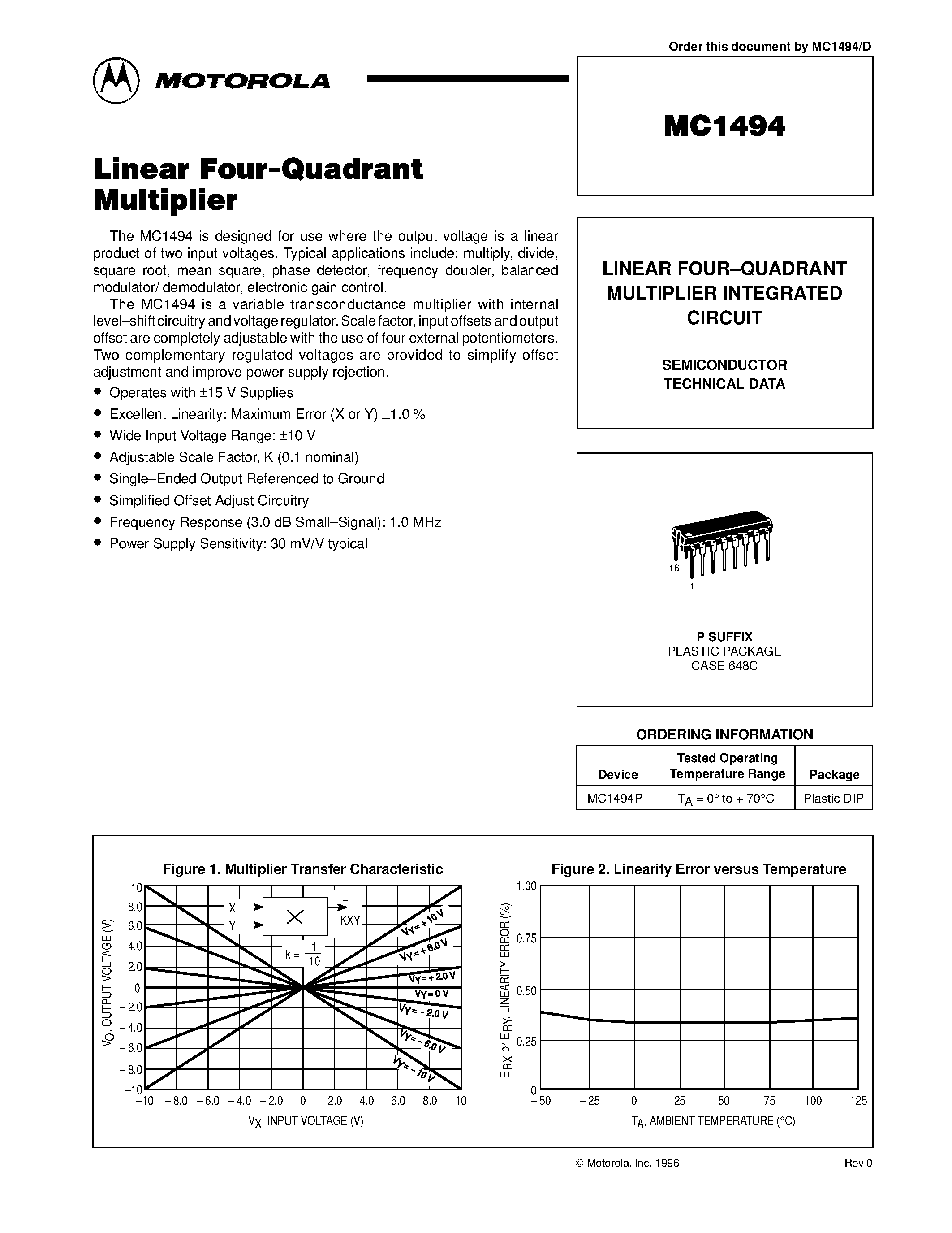Даташит MC1494 - LINEAR FOUR-QUADRANT MULTIPLIER INTEGRATED CIRCUIT страница 1