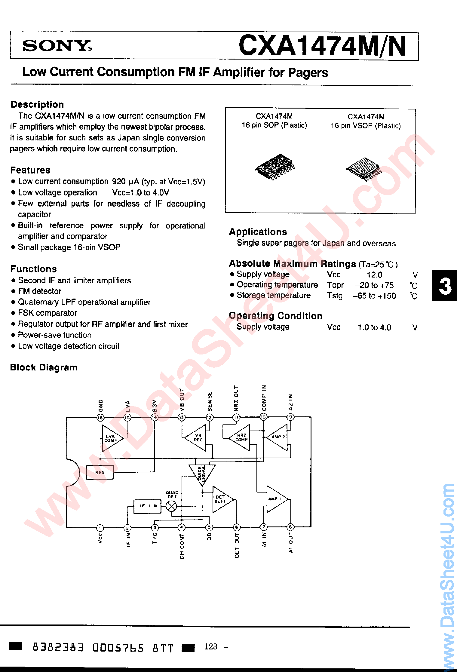Даташит CXA1474 - Low Current Consumption FM IF Amplifier for Pagers страница 1