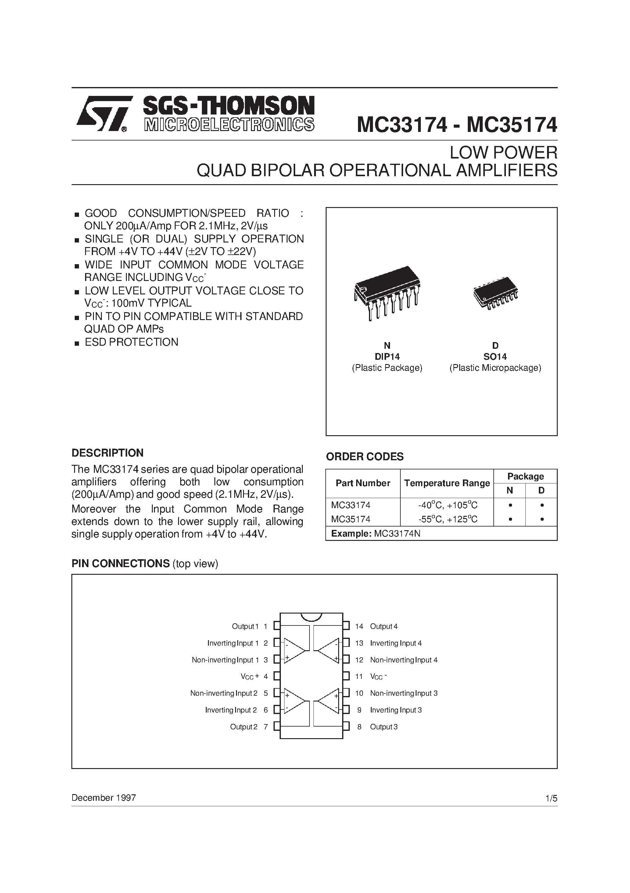 Datasheet MC35174 page 1 Datasheet MC35174 - LOW POWER QUAD BIPOLAR OPERATIONAL AMPLIFIERS page 1