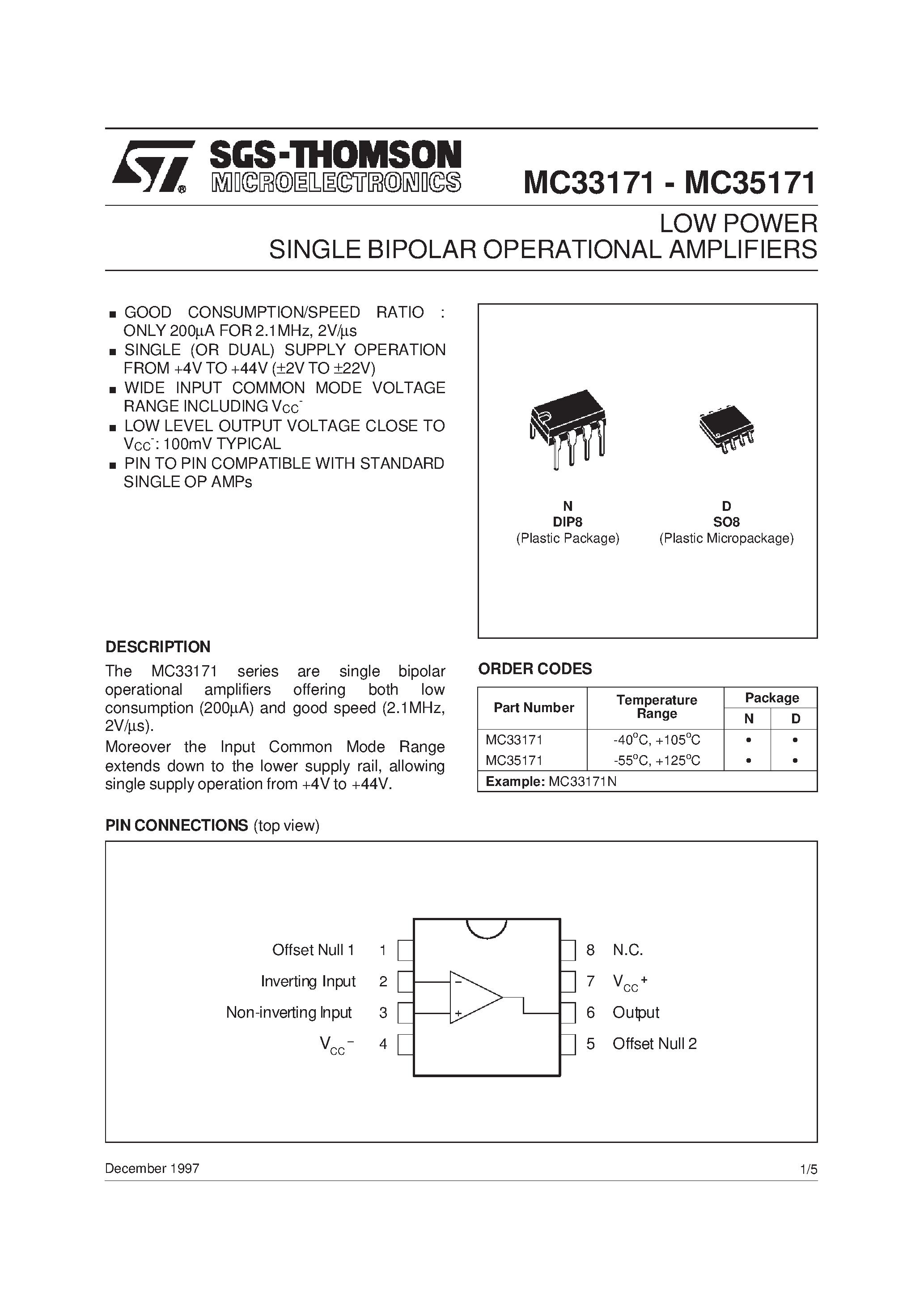 Datasheet MC35171 - LOW POWER SINGLE BIPOLAR OPERATIONAL AMPLIFIERS page 1