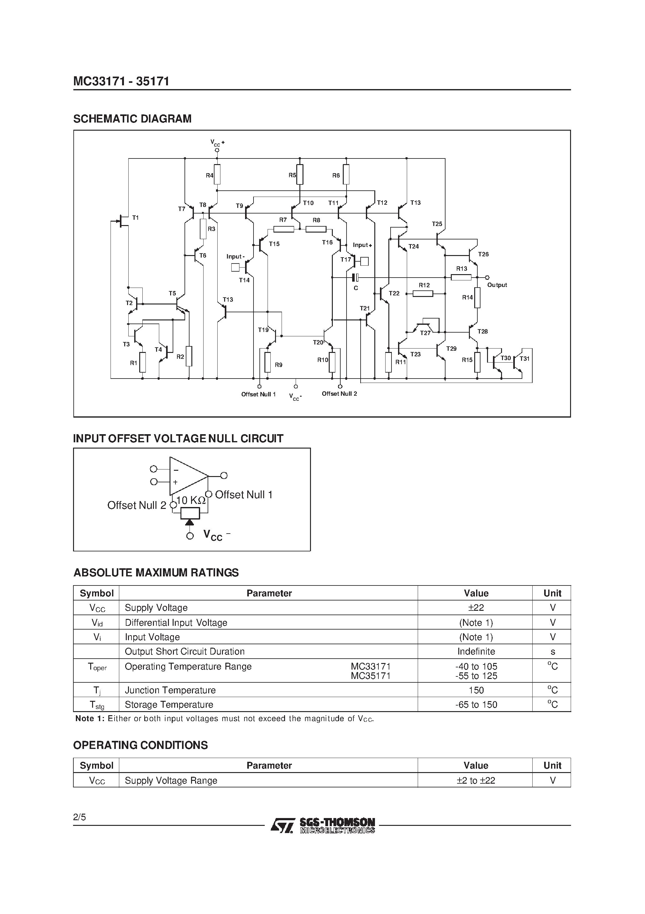Datasheet MC35171 - LOW POWER SINGLE BIPOLAR OPERATIONAL AMPLIFIERS page 2