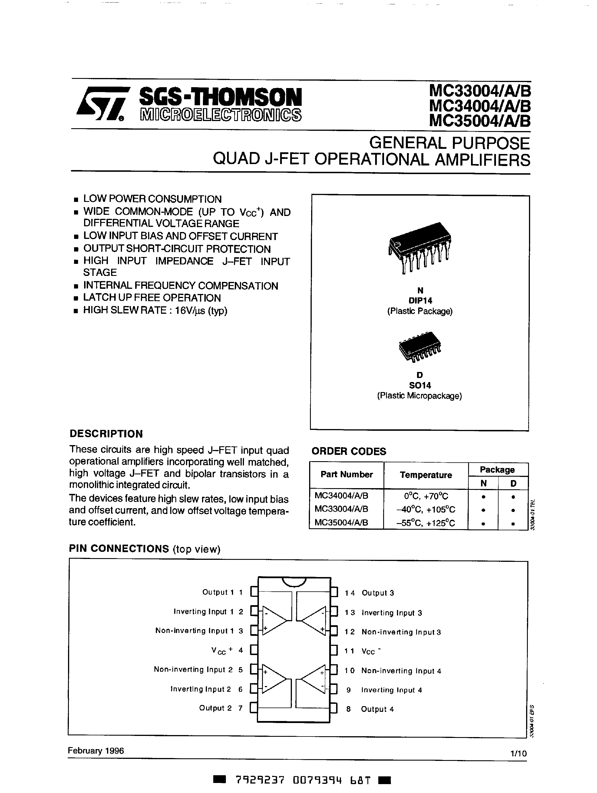 Datasheet MC35004 page 1 Datasheet MC35004 - GENERAL PURPOSE QUAD J FET OPERATIONAL AMPLIFIERS page 1