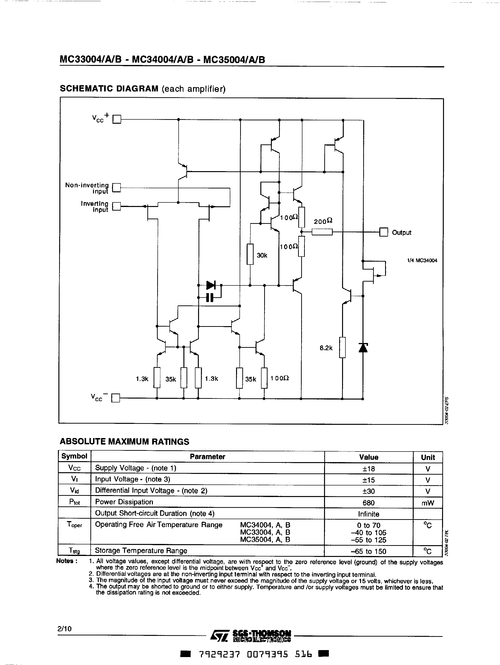 Datasheet MC35004 page 2 Datasheet MC35004 - GENERAL PURPOSE QUAD J FET OPERATIONAL AMPLIFIERS page 2