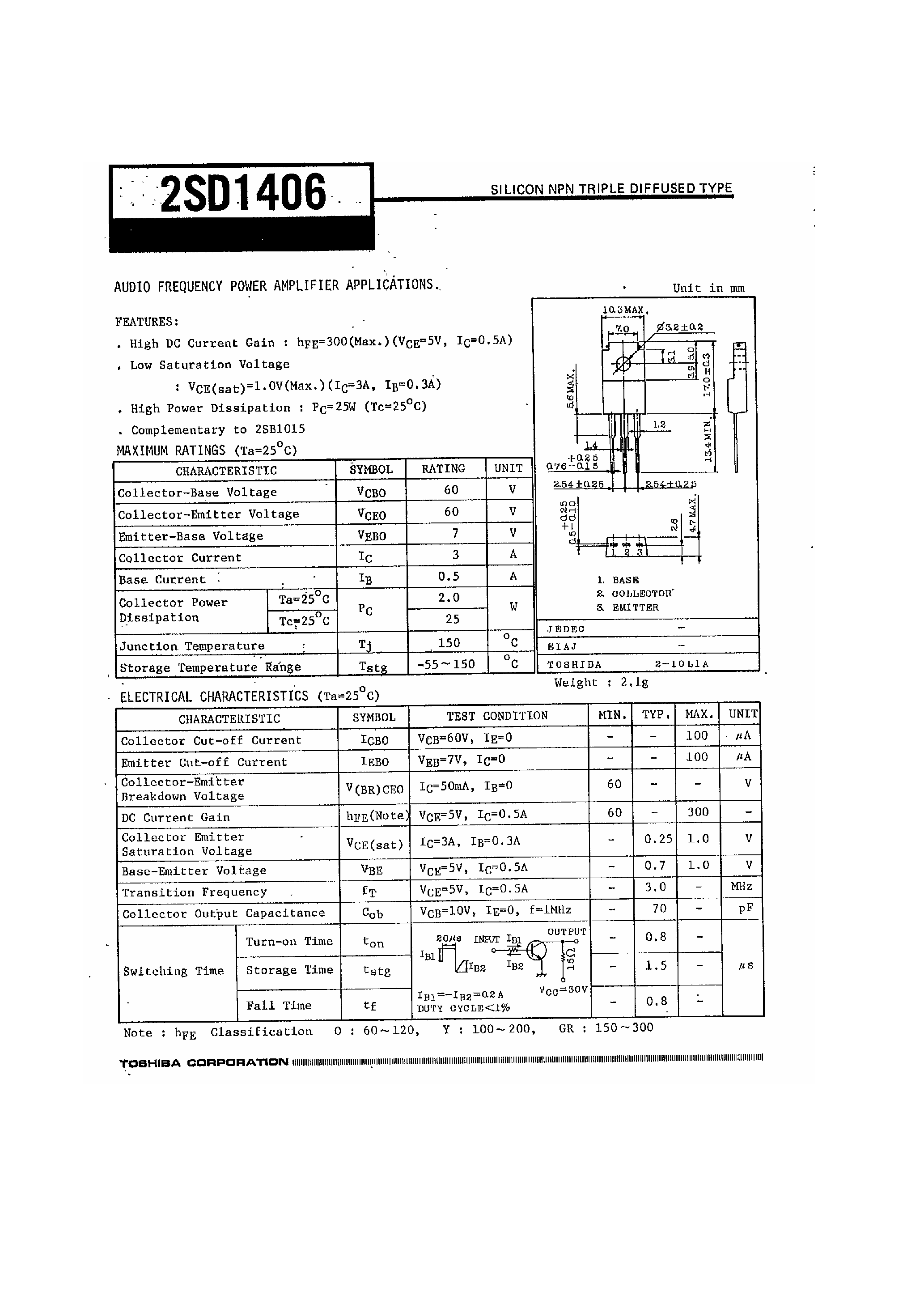 Datasheet 2SD1406 - Audio Frequency Power Amplifier Applications page 1