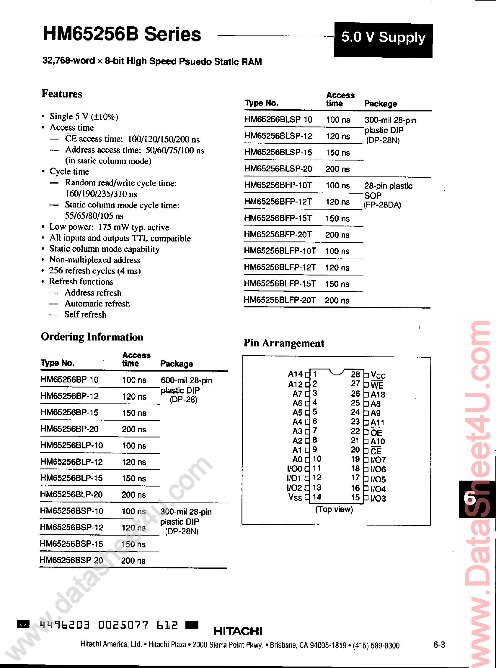 Datasheet HM65256B page 1 Datasheet HM65256B - 32768 word x 8 Bit High Speed Psuedo Statie RAM page 1