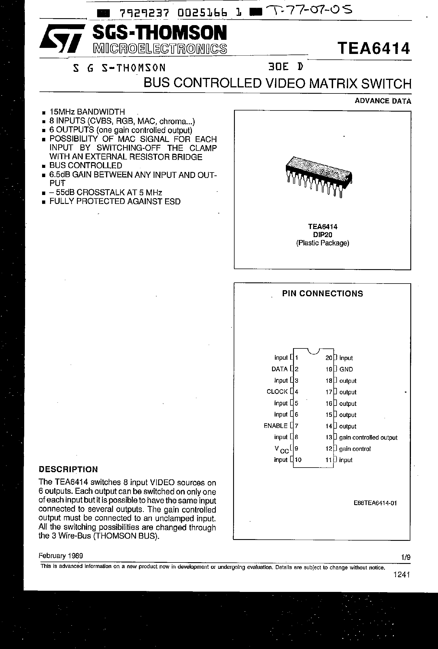 Datasheet TEA6414 page 1 Datasheet TEA6414 - Bus Controlled Video Matrix Switch page 1
