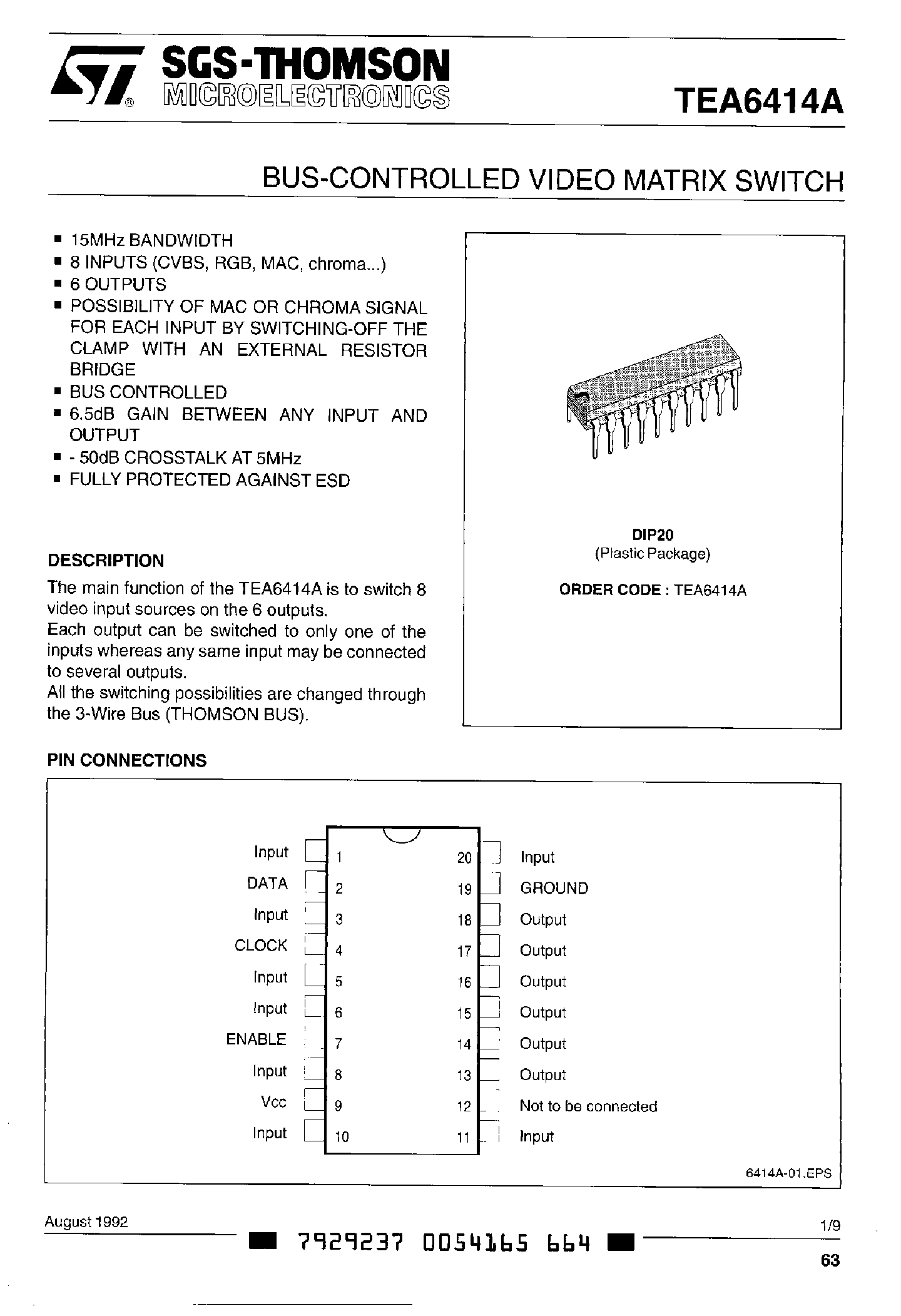Даташит TEA6414A - Bus Controlled Video Matrix Switch страница 1